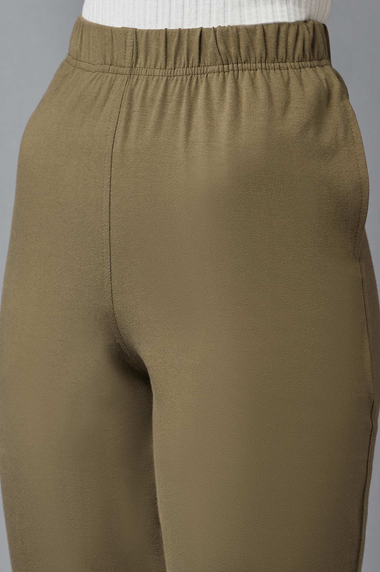 Olive Solid Straight-fit Cotton Pants with Elasticated Waist