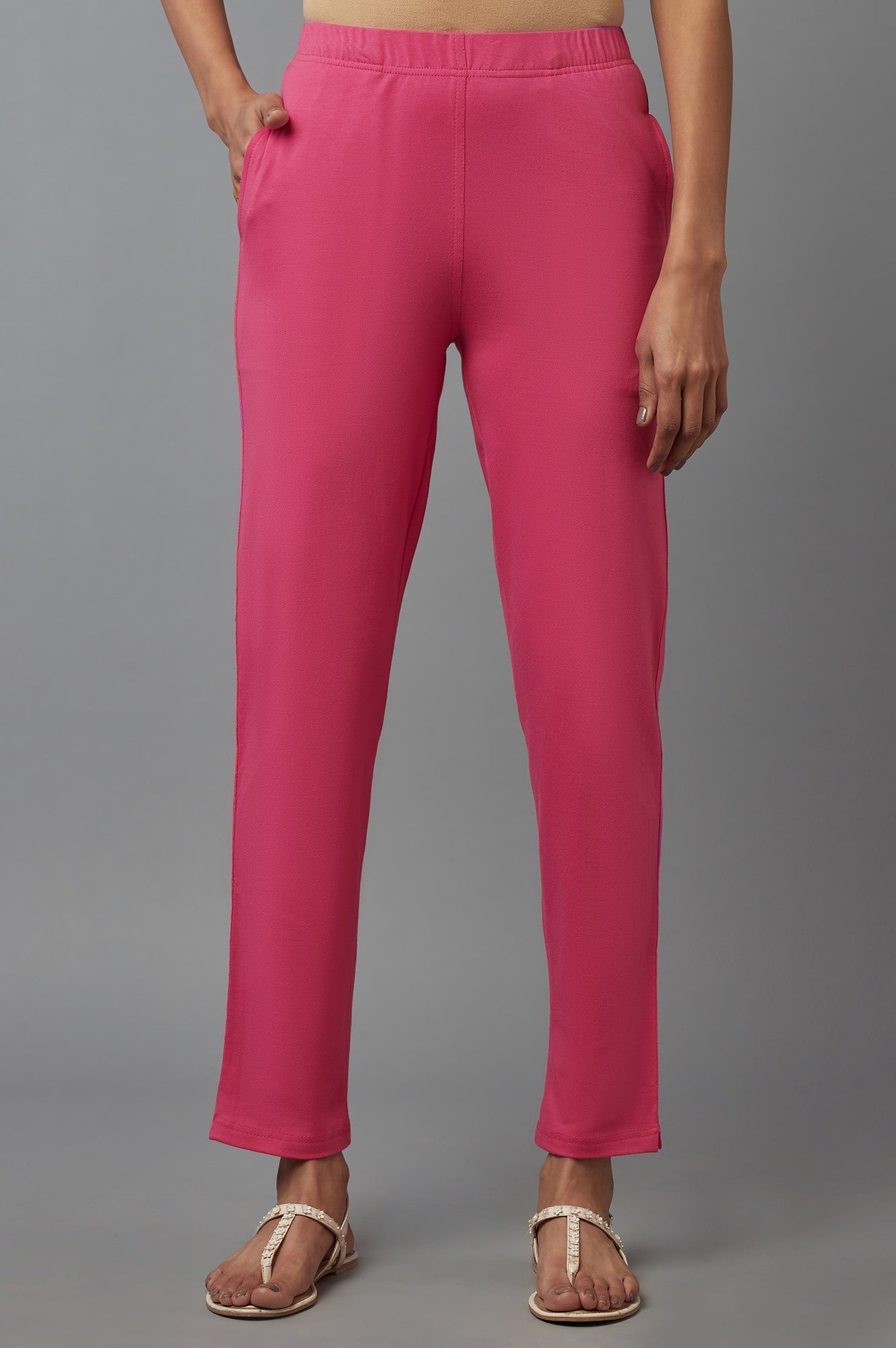 Pink Solid Flared Cotton Pants With Elasticated Waist