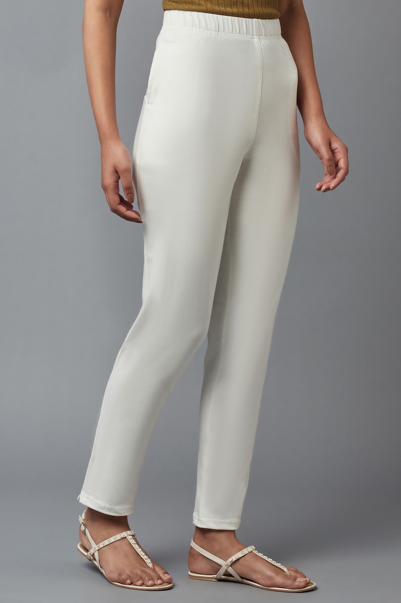 White Solid Flared Cotton Pants With Elasticated Waist
