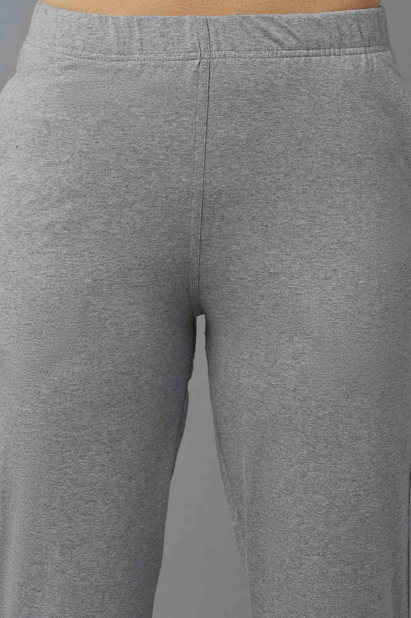 Grey Solid Regular Fit Cotton Pants With Elasticated Waist