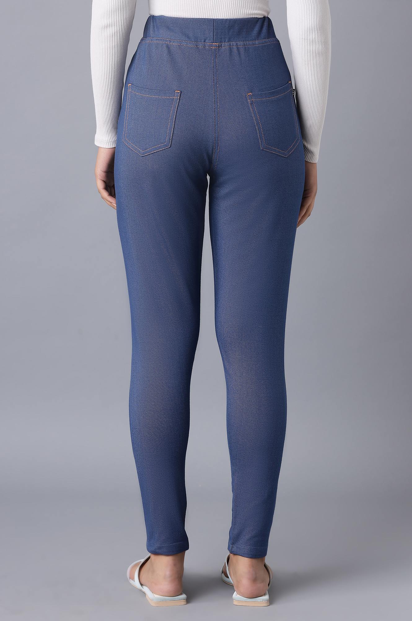 Blue Solid Skinny Fit Cotton Jeggings With Elasticated Waist