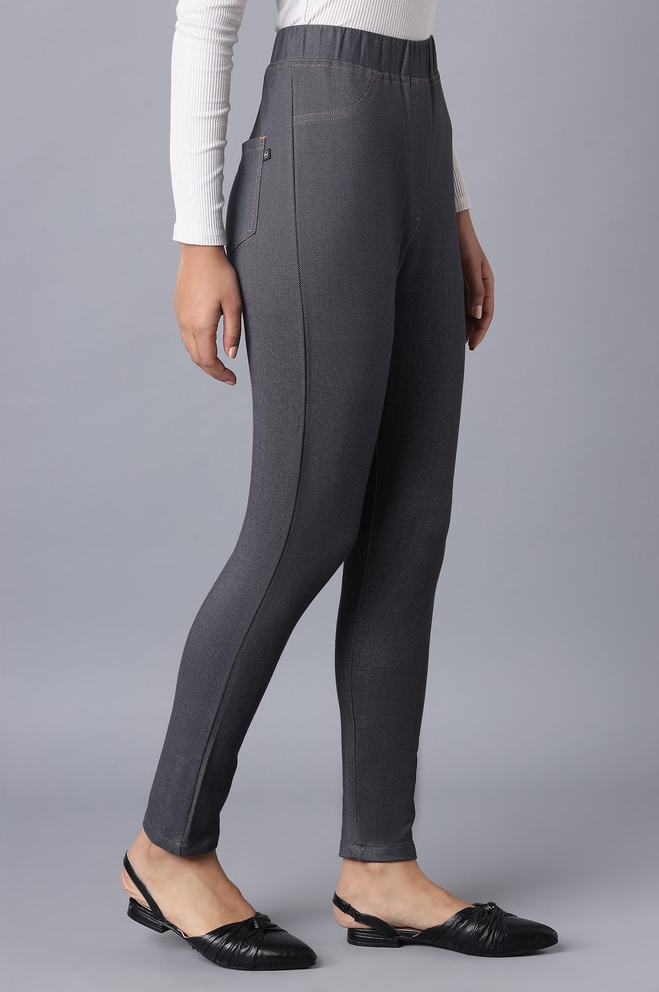Grey Solid Skinny Fit Cotton Jeggings With Elasticated Waist