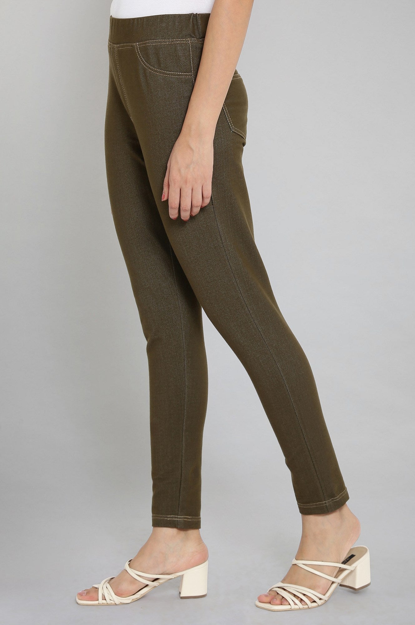 Olive Green Solid Straight-fit Cotton Jeggings with Elasticated Waistband