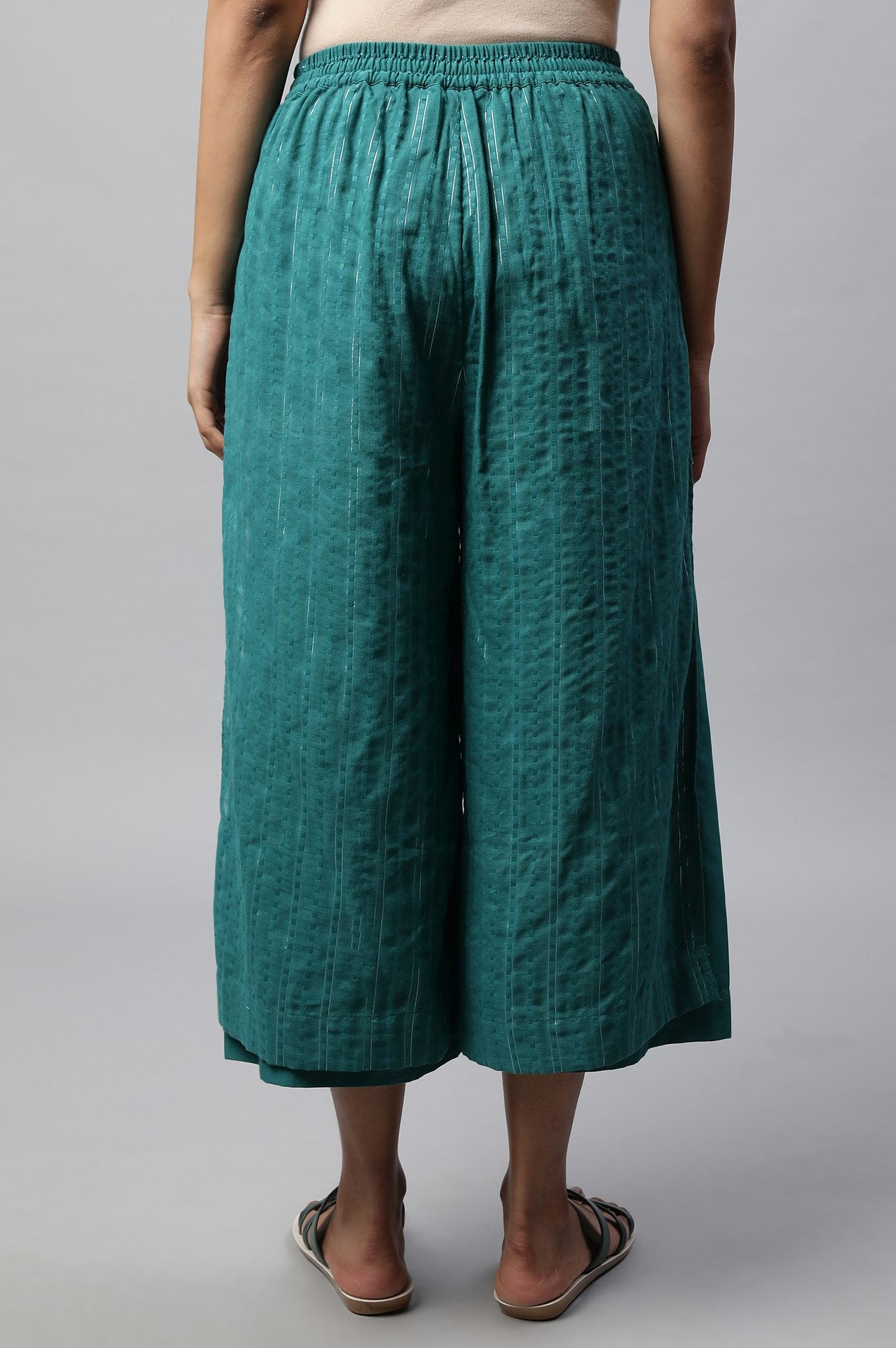 Teal Green Textured Wide-leg Cotton Palazzo with Drawstring