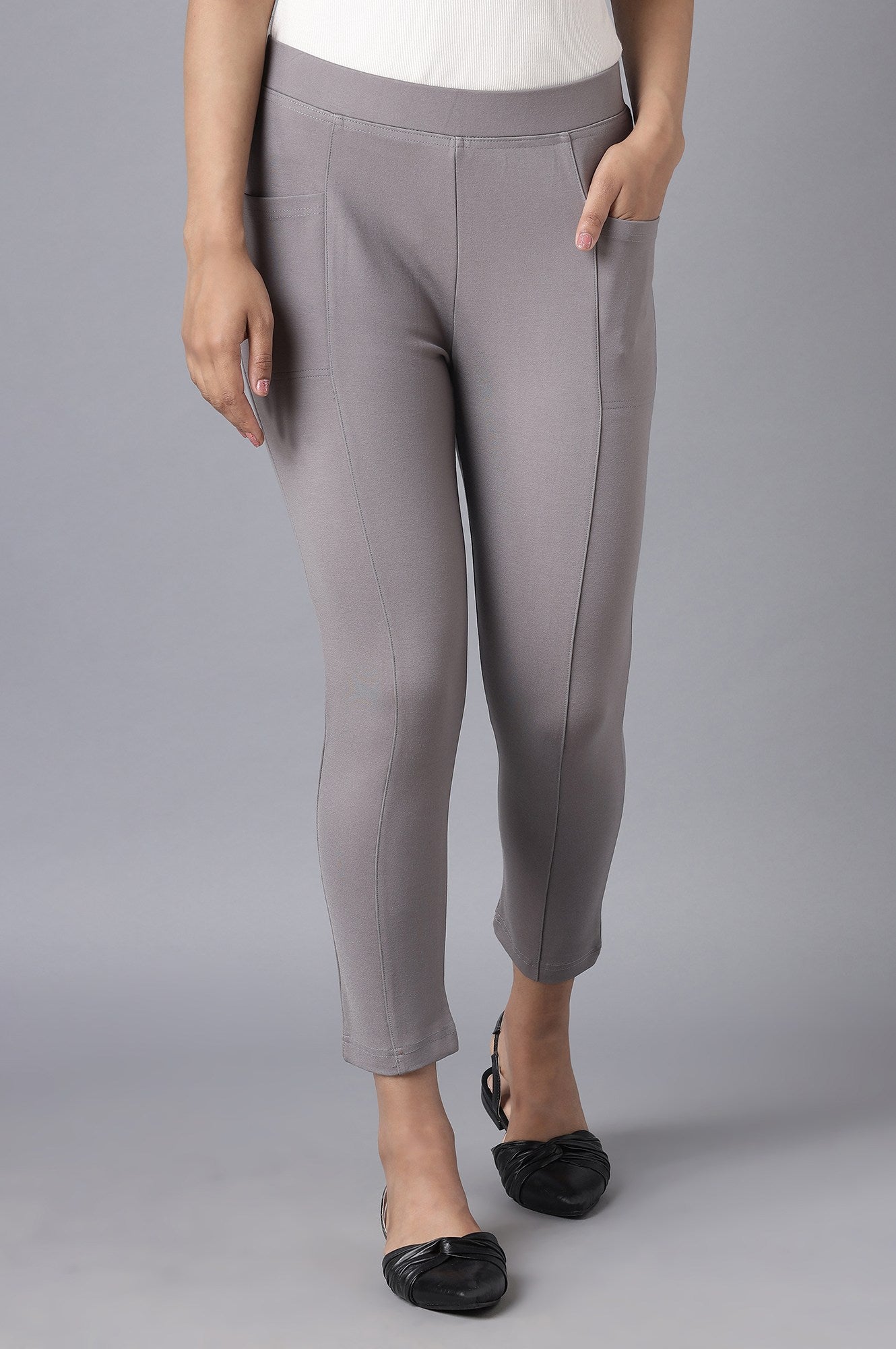 Grey Solid Straight Fit Yoga Tights With Elasticated Waist