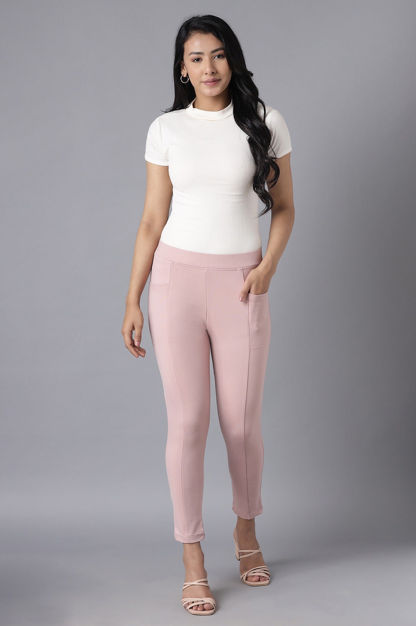 Pink Solid Straight Fit Tights With Elasticated Waist