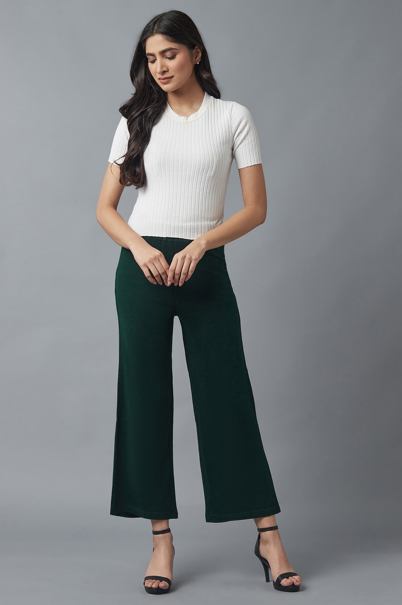 Green Solid Straight Fit Palazzo With Elasticated Waist