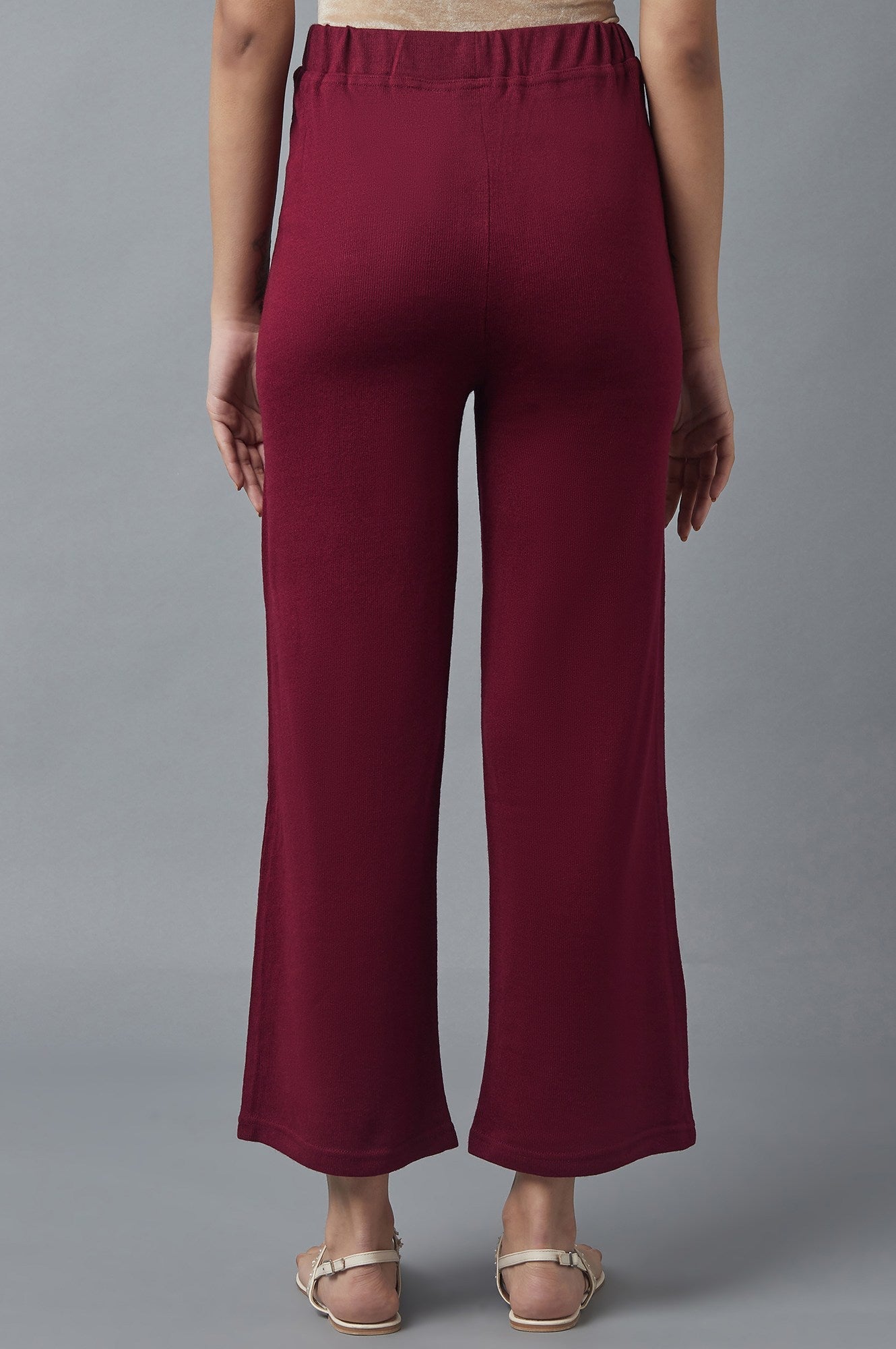 Maroon Solid Straight Fit Acrylic Palazzo With Elasticated Waist