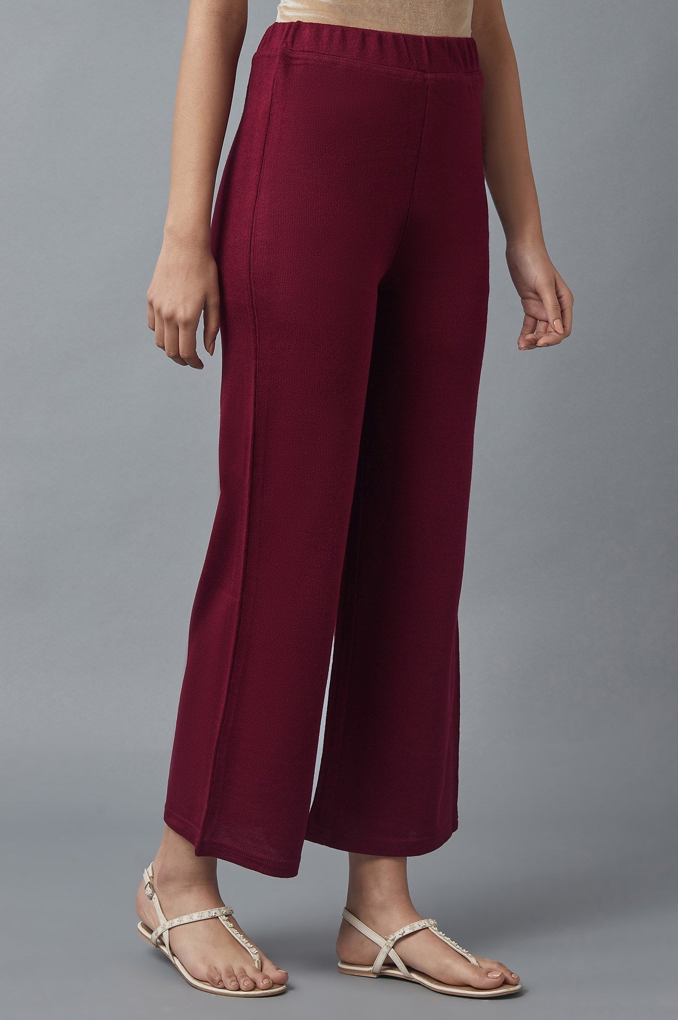 Maroon Solid Straight Fit Acrylic Palazzo With Elasticated Waist