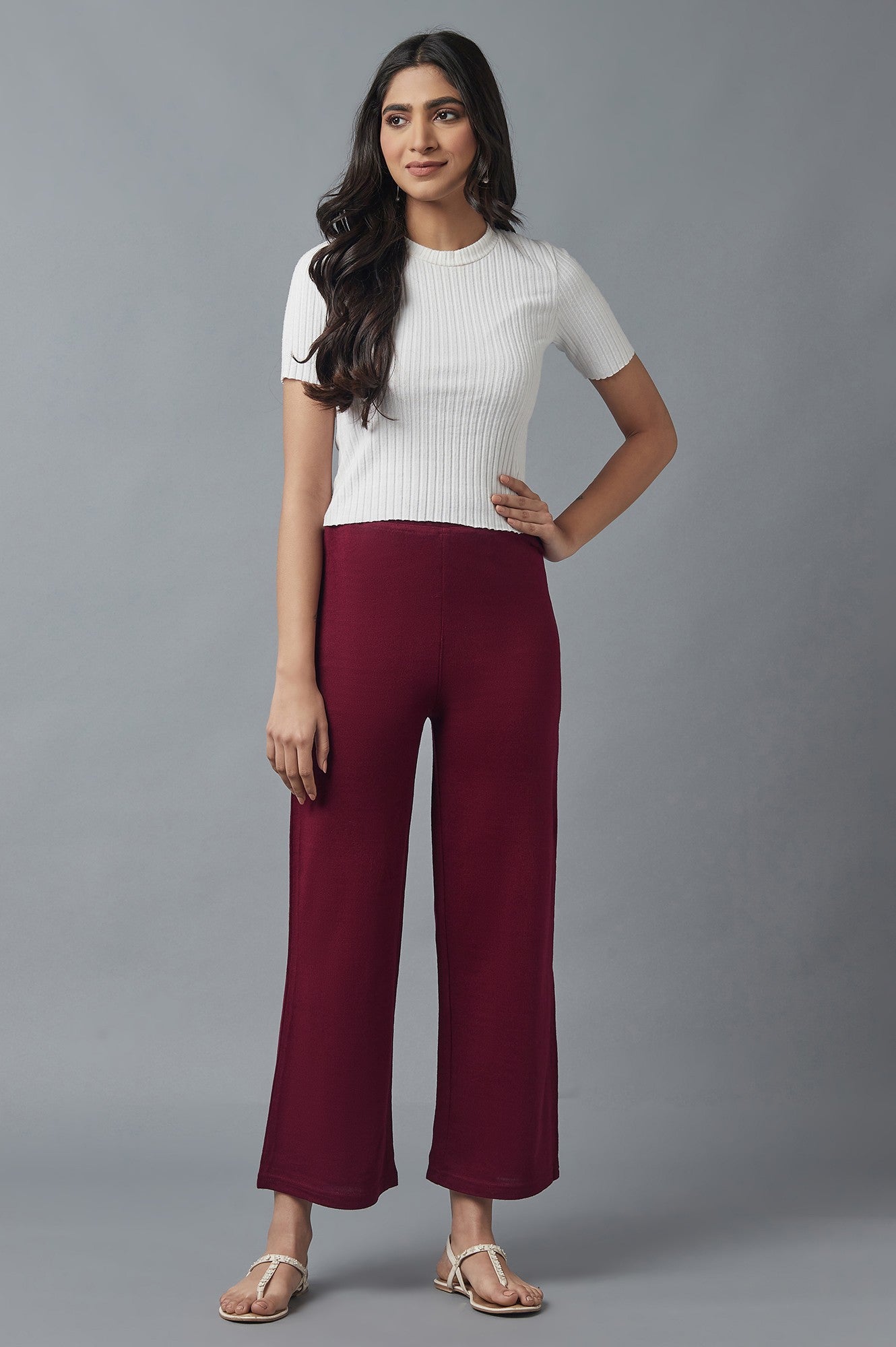 Maroon Solid Straight Fit Acrylic Palazzo With Elasticated Waist