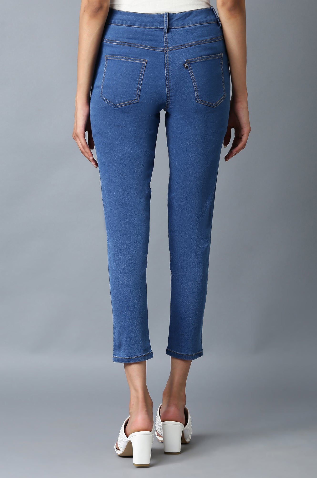 Ice Blue Solid Slim-fit Denim Pants with Front Zip Closure