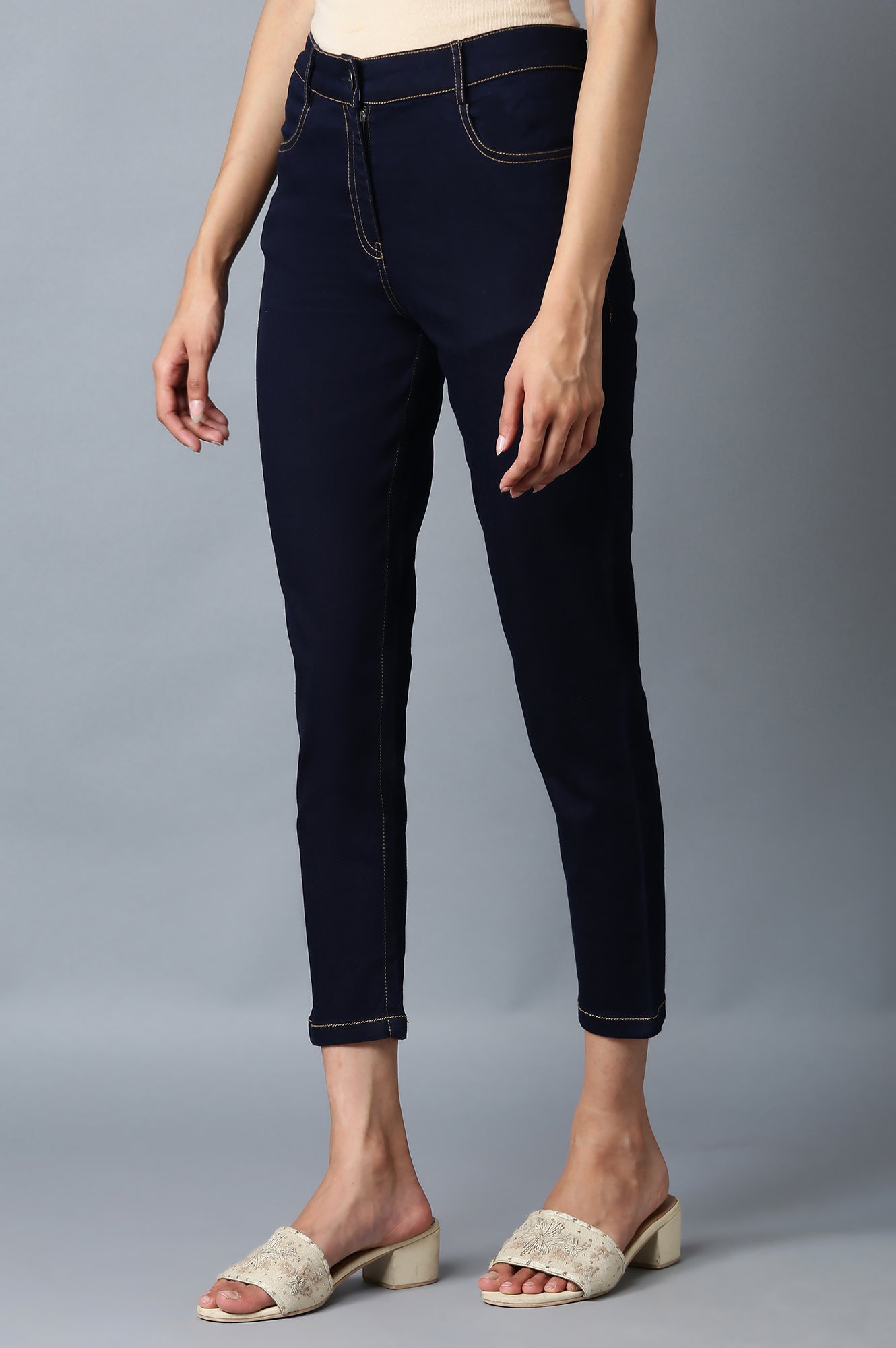 Navy Blue Solid Slim Fit Denim Pants With Front Zip