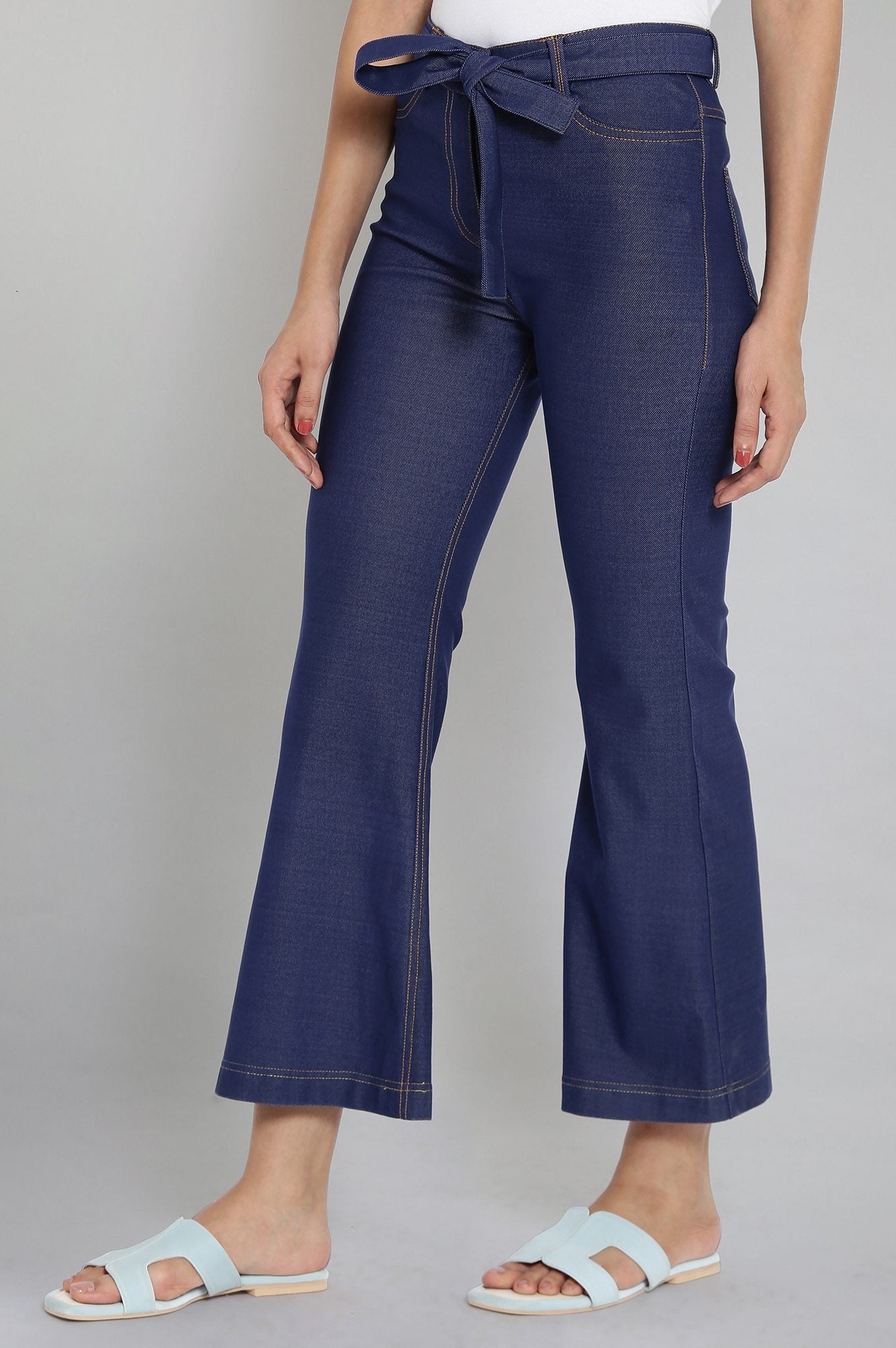 Navy Blue Solid Boot Cut Denim Pants With Waist Belt