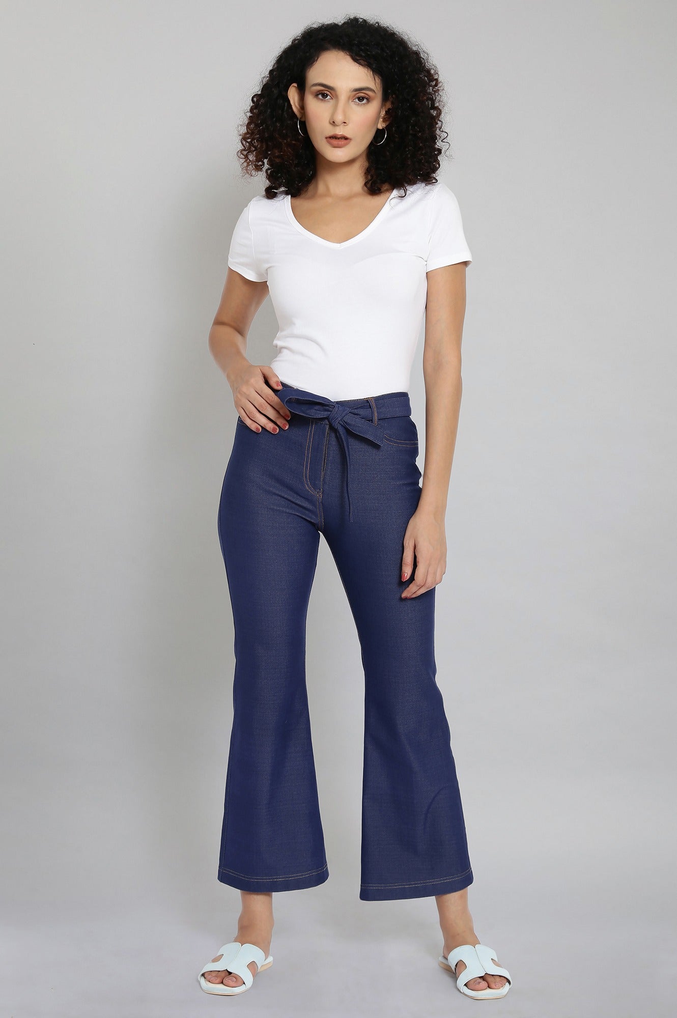 Navy Blue Solid Boot Cut Denim Pants With Waist Belt