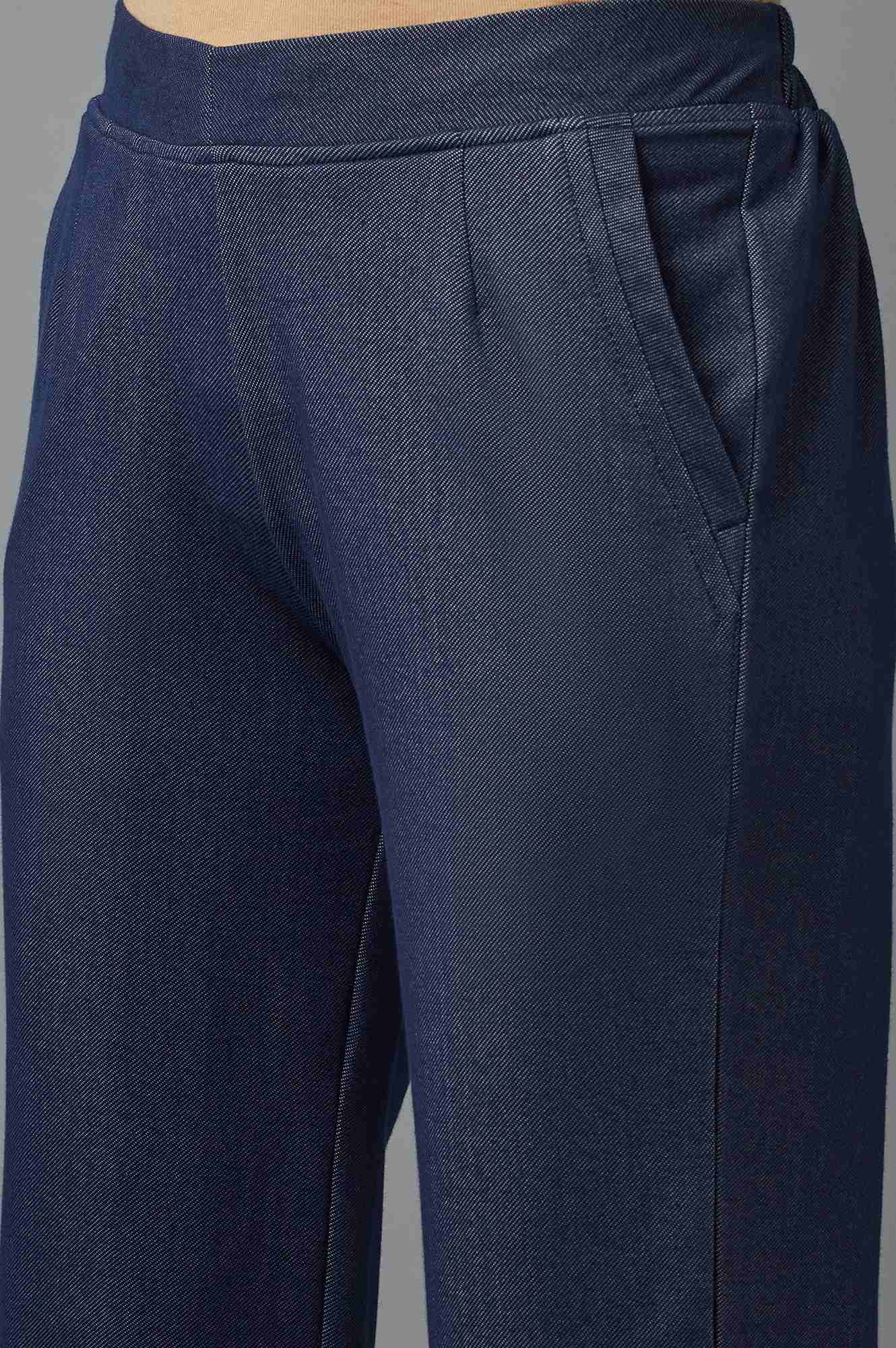 Navy Blue Solid Tapered Cotton Pants With Pleated Detail