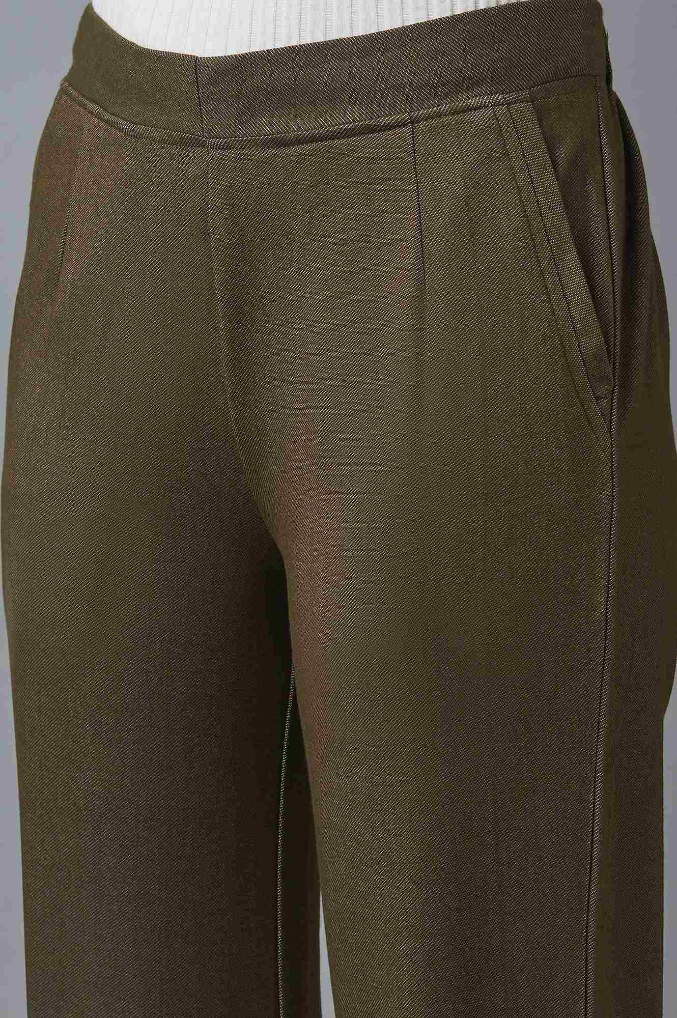 Olive Solid Tapered Cotton Pants with Pleated Detail