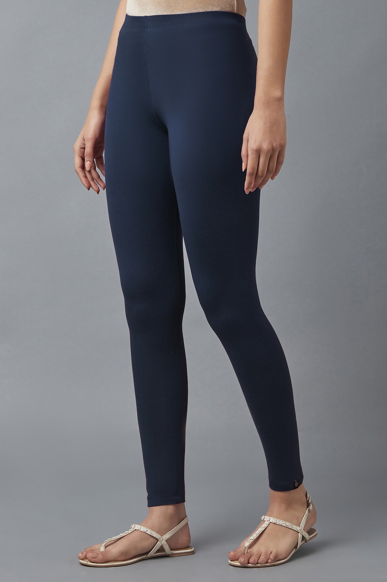 Navy Blue Solid Skinny Fit Cotton Tights With Elasticated Waist