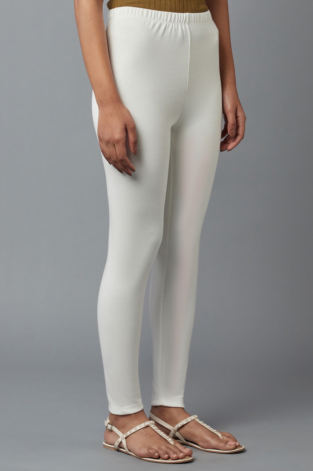 Off White Solid Skinny-fit Cotton Tights with Elasticated Waist