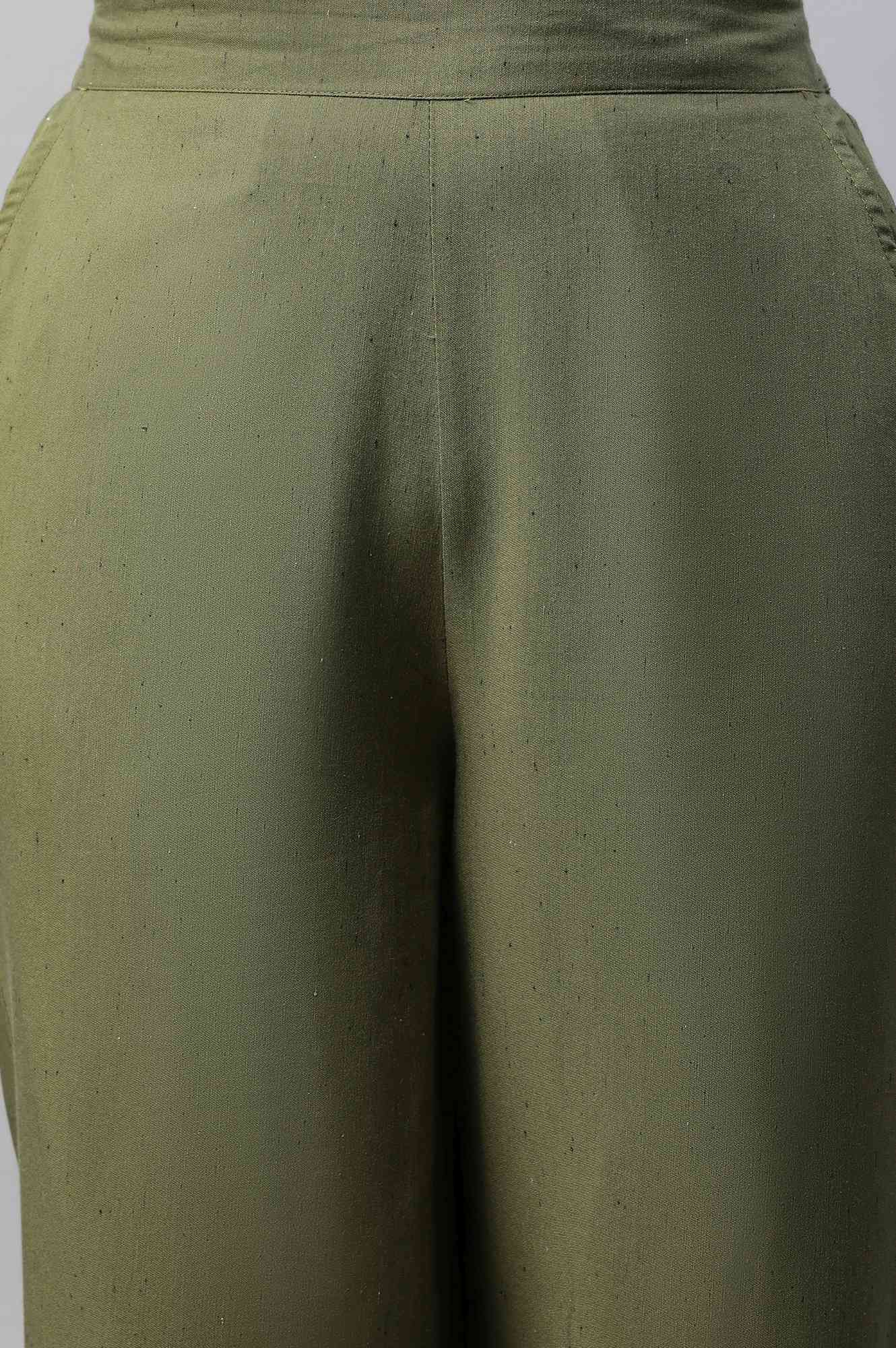 Muted Sage Green Textured Flared Cotton Palazzo With Elasticated Waist