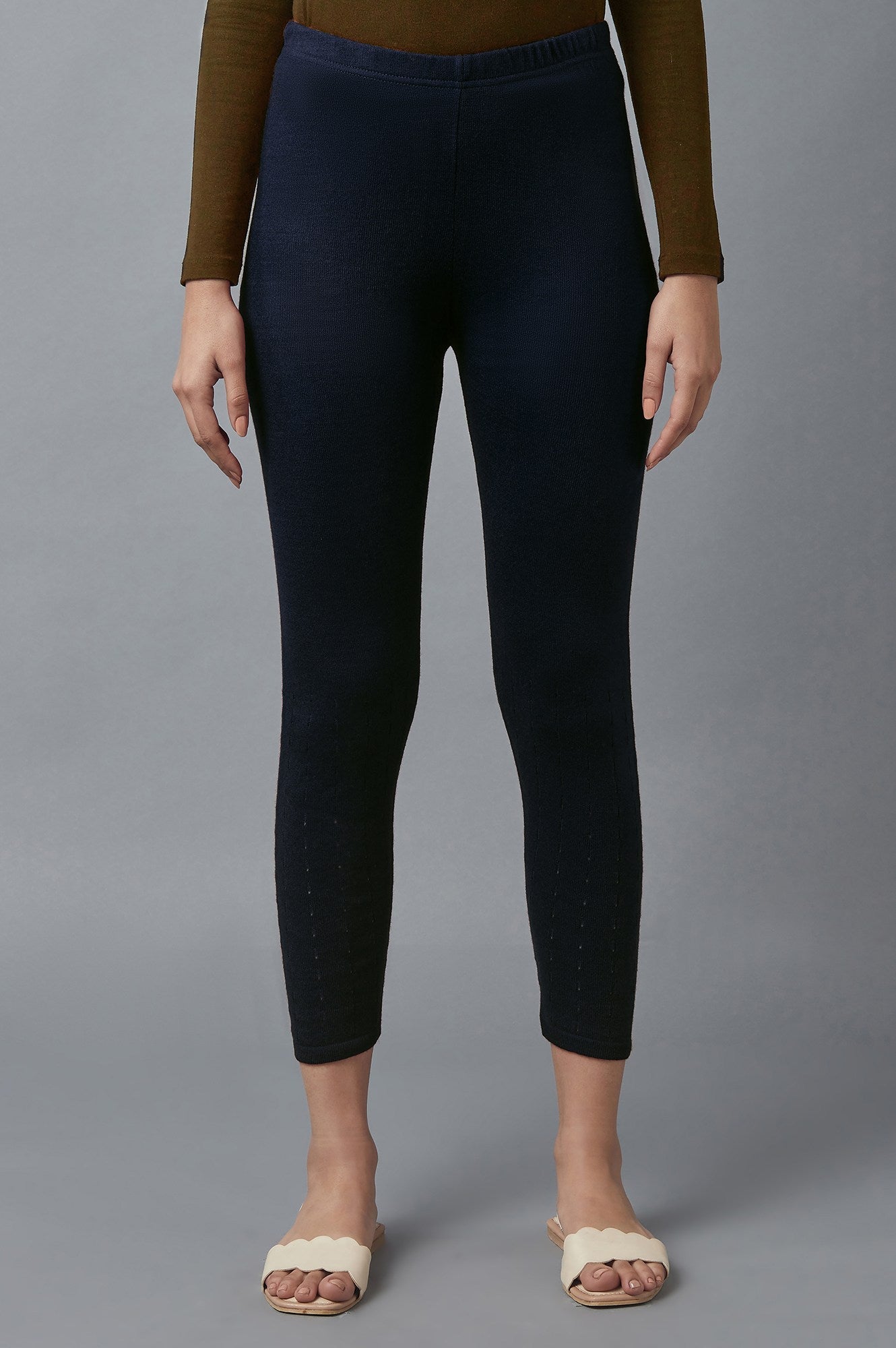 Navy Blue Pointelle Skinny Fit Tights With Elasticated Waist