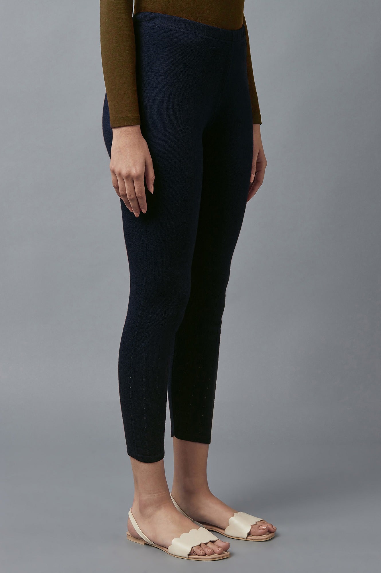 Navy Blue Pointelle Skinny Fit Tights With Elasticated Waist