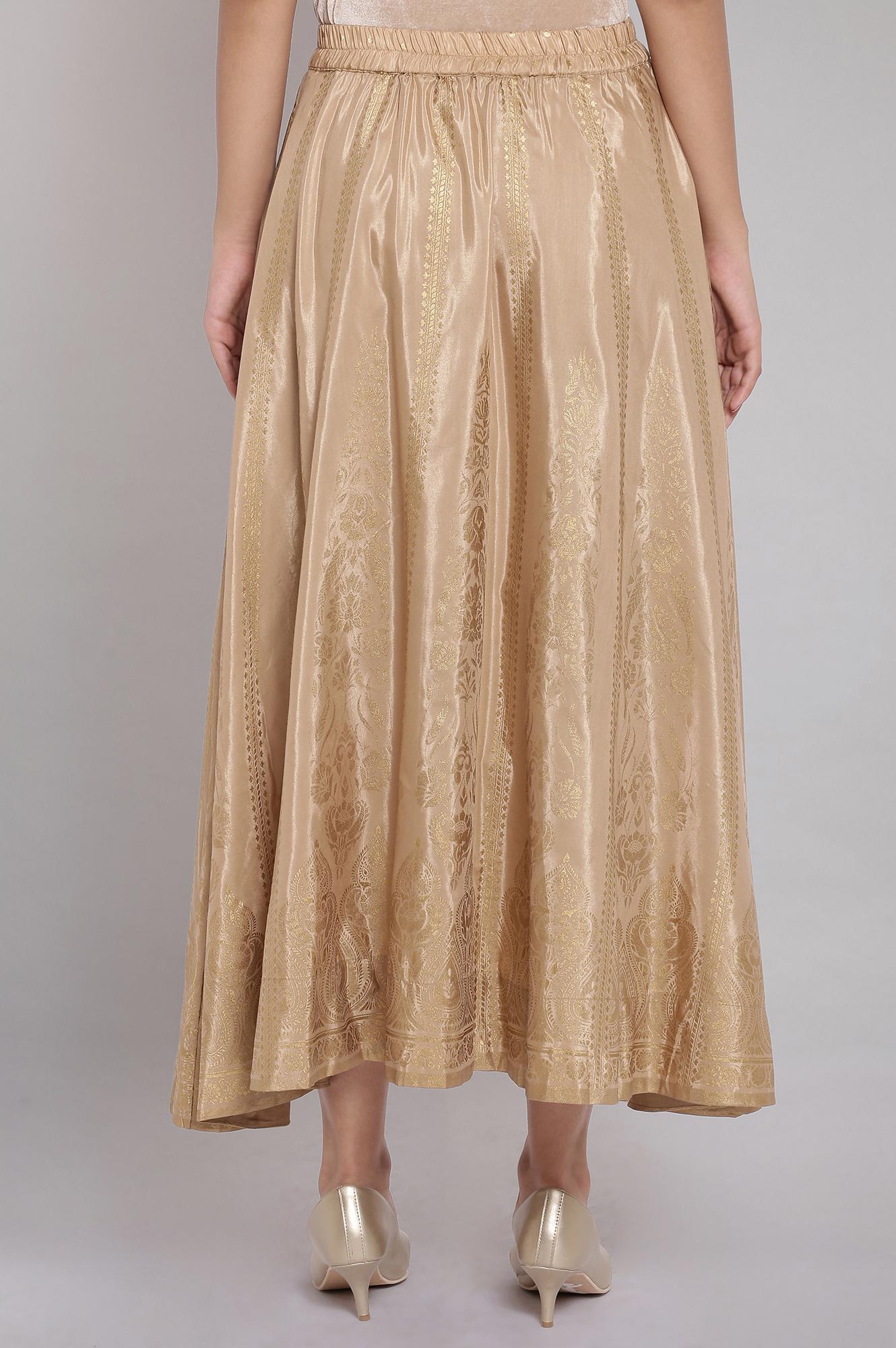 Gold Printed Flared Woven Skirt with Elasticated Waist
