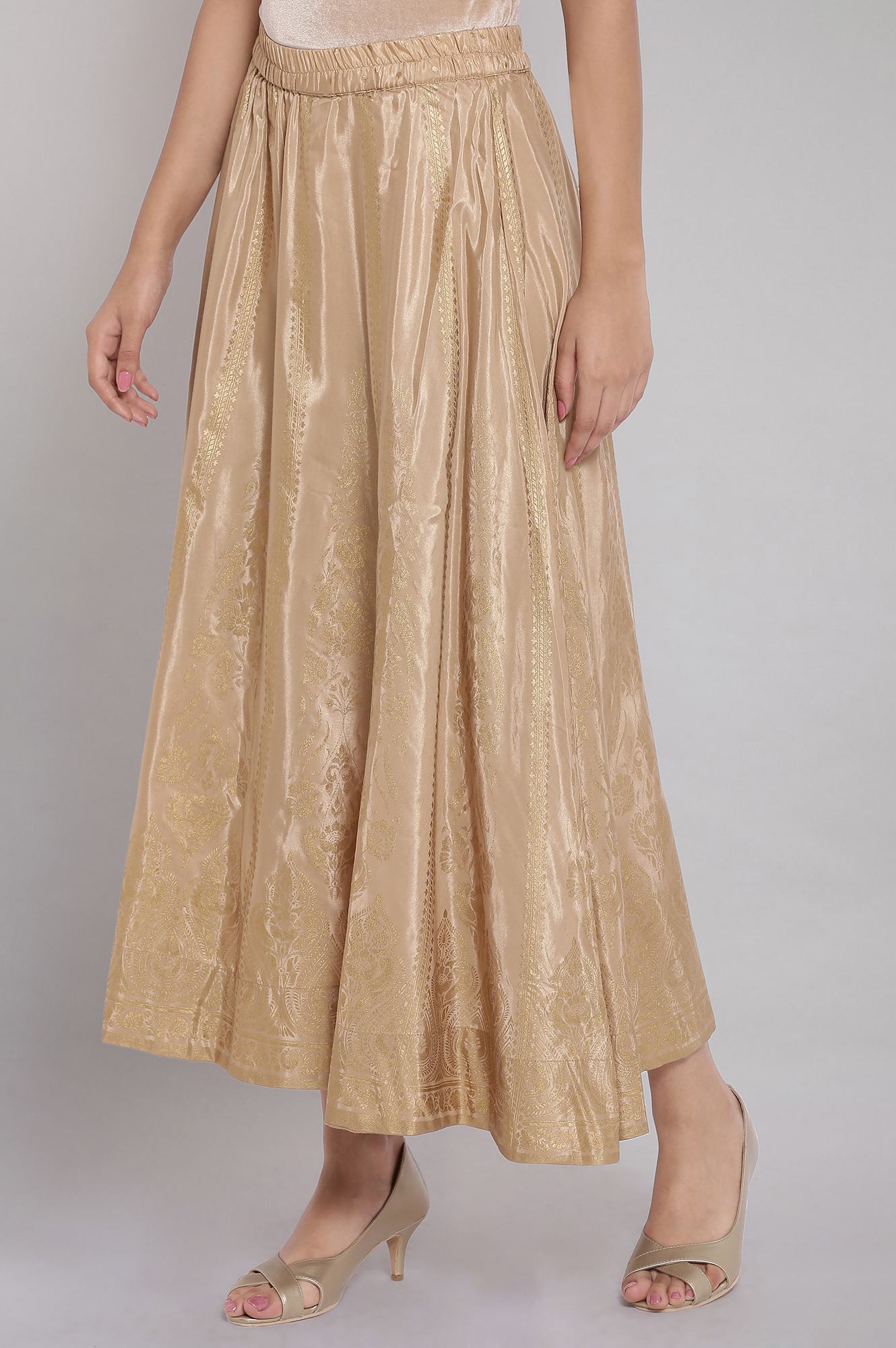 Gold Printed Flared Woven Skirt with Elasticated Waist