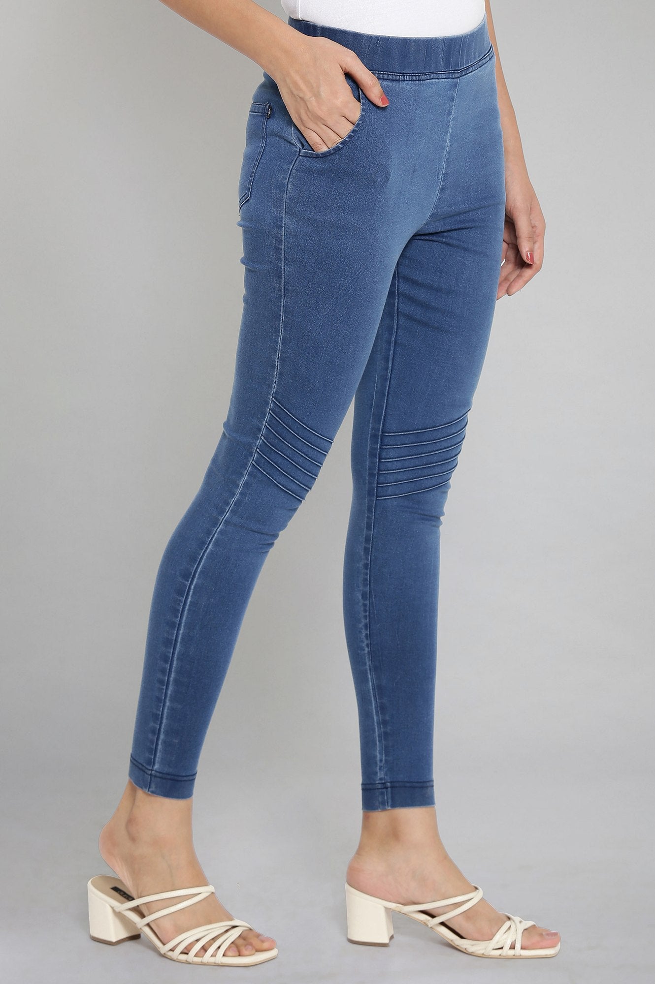 Ice Blue Solid Slim-fit Denim Jeggings with Elasticated Waist