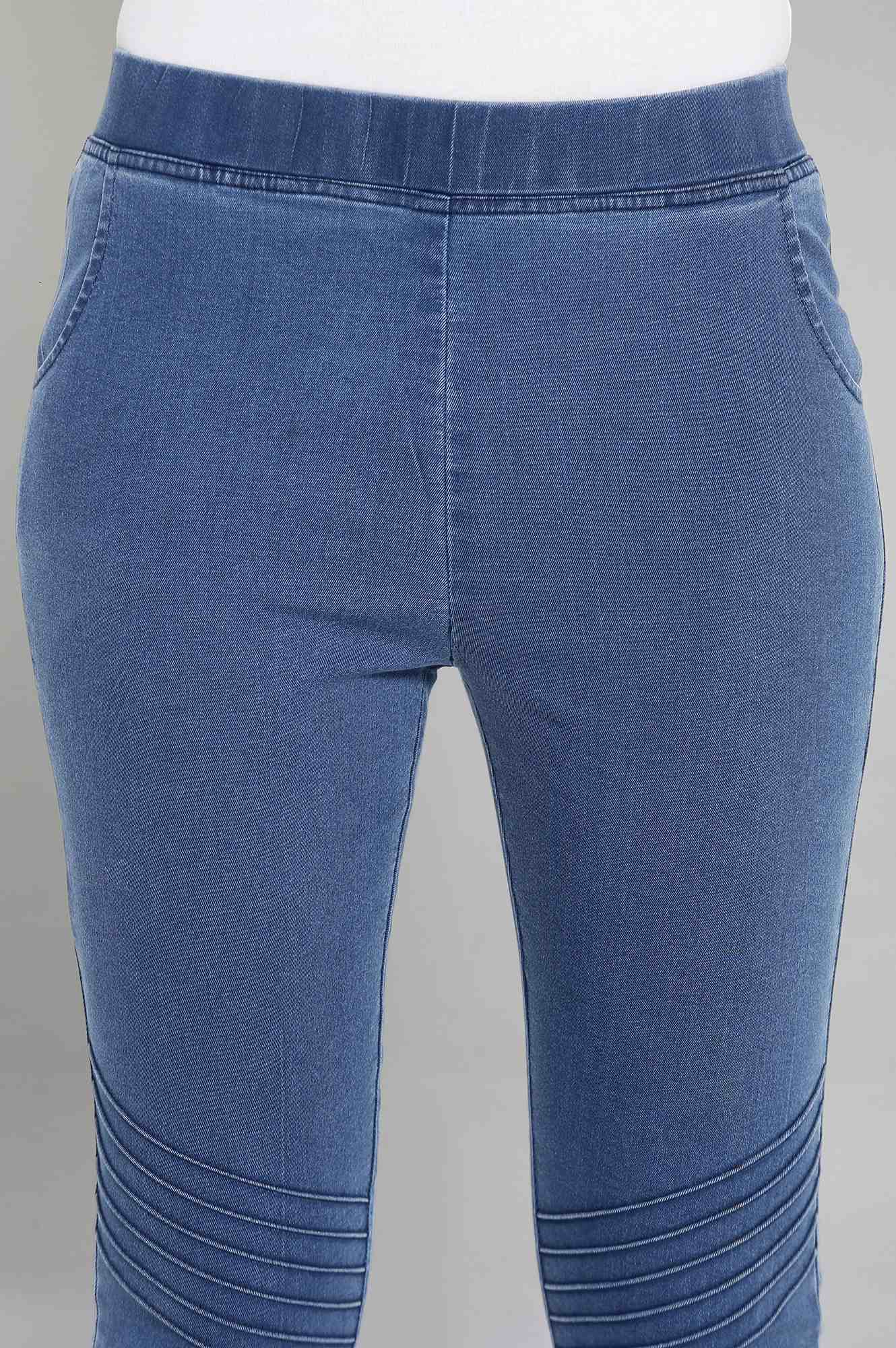 Ice Blue Solid Slim-fit Denim Jeggings with Elasticated Waist