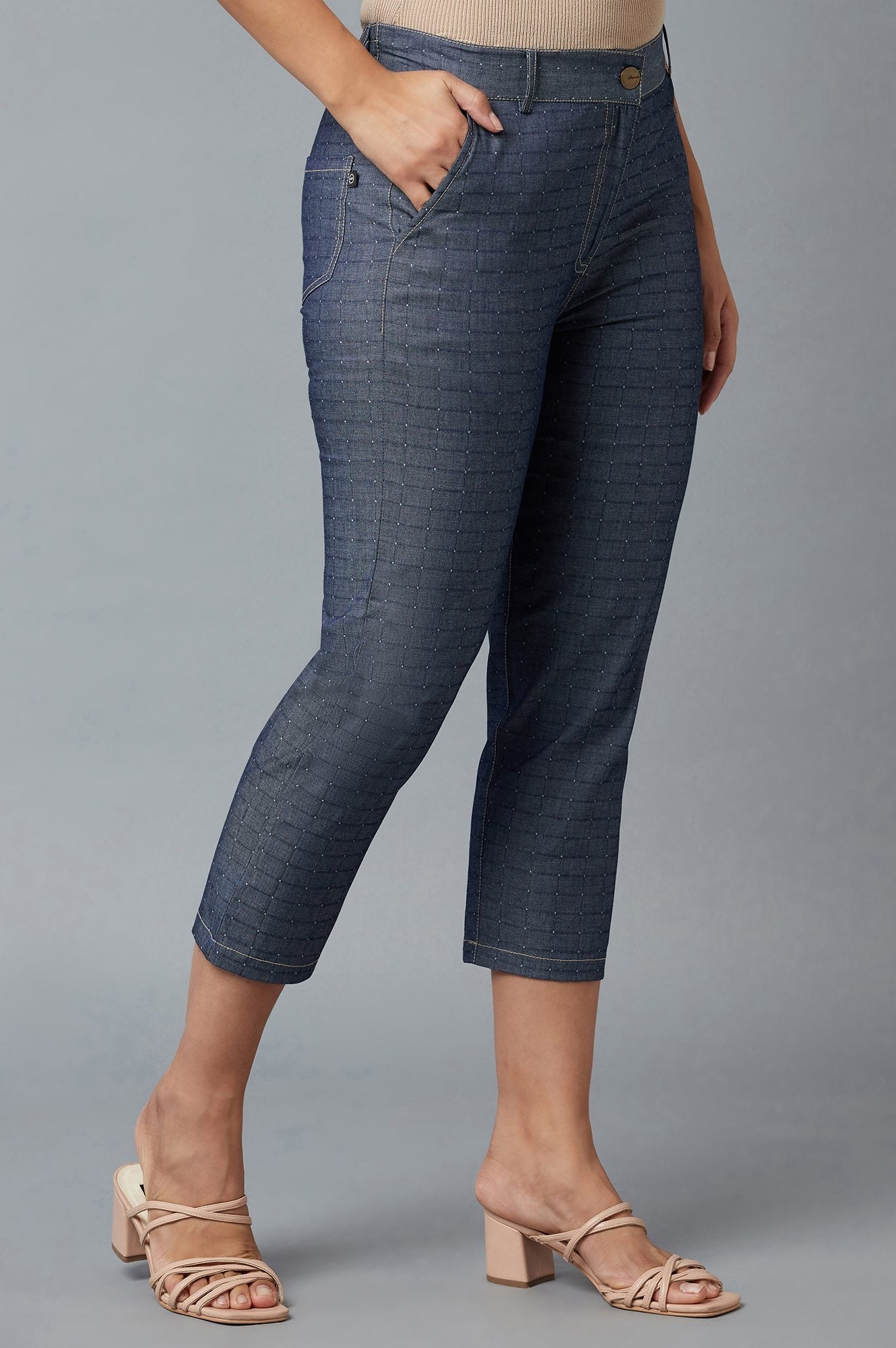 Blue Polka Dots Straight Fit Denim Culottes With Front Zip
