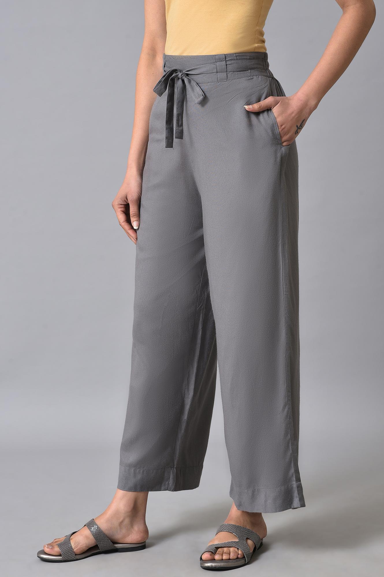 Grey Solid Flared Cotton Palazzo With Elasticated Waist