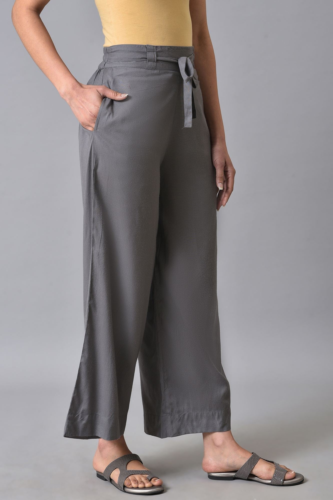 Grey Solid Flared Cotton Palazzo With Elasticated Waist