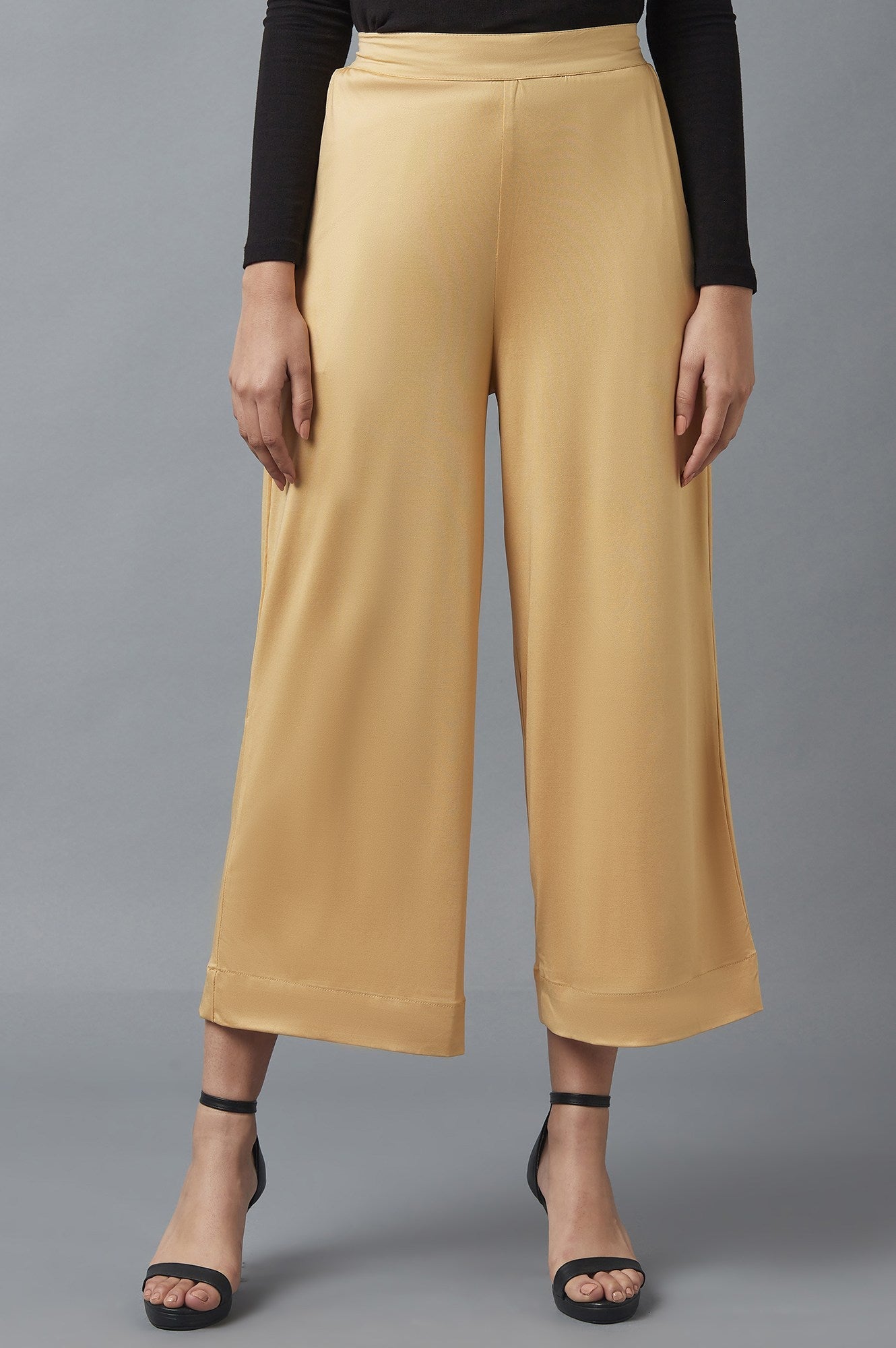 Gold Solid Straight Fit Cotton Palazzo With Side Pockets