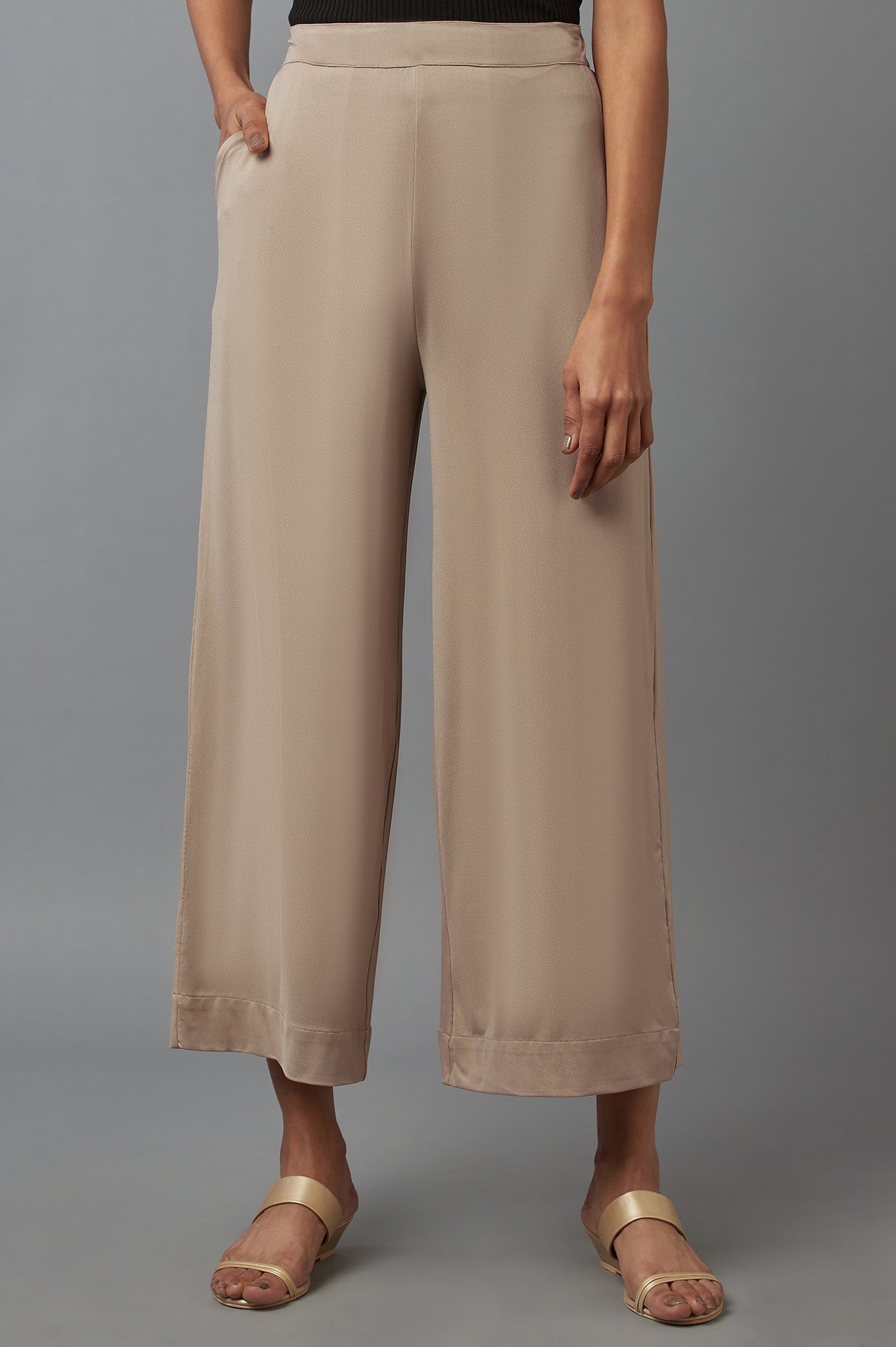 Gold Solid Straight Fit Palazzo With Side Pockets