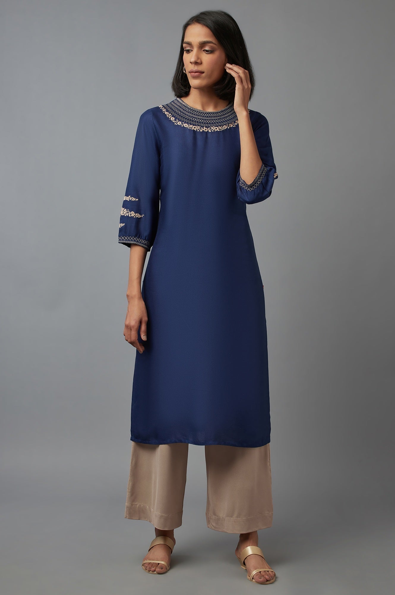 Gold Solid Straight Fit Palazzo With Side Pockets