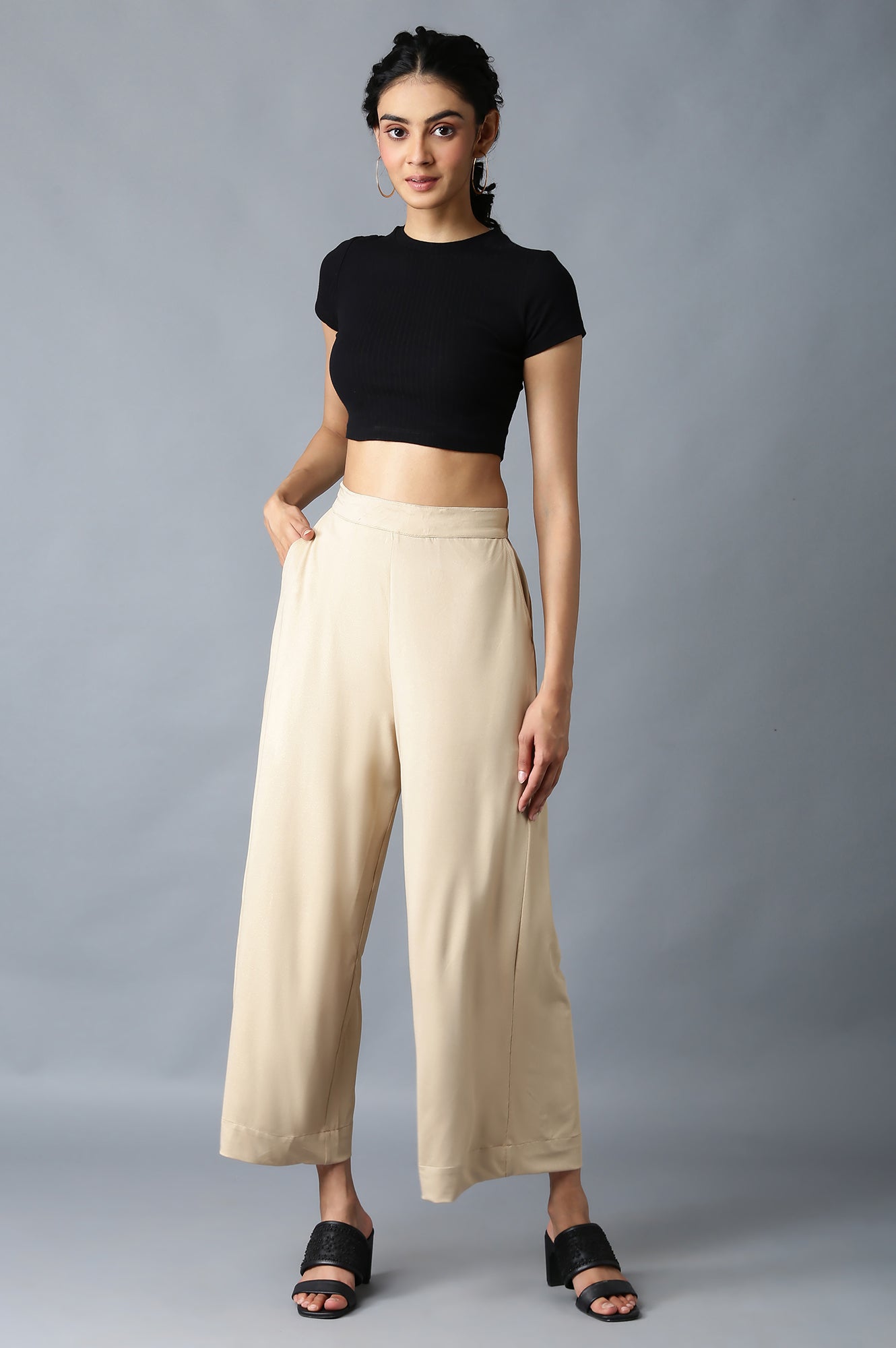 Gold Solid Straight Fit Palazzo With Side Pockets