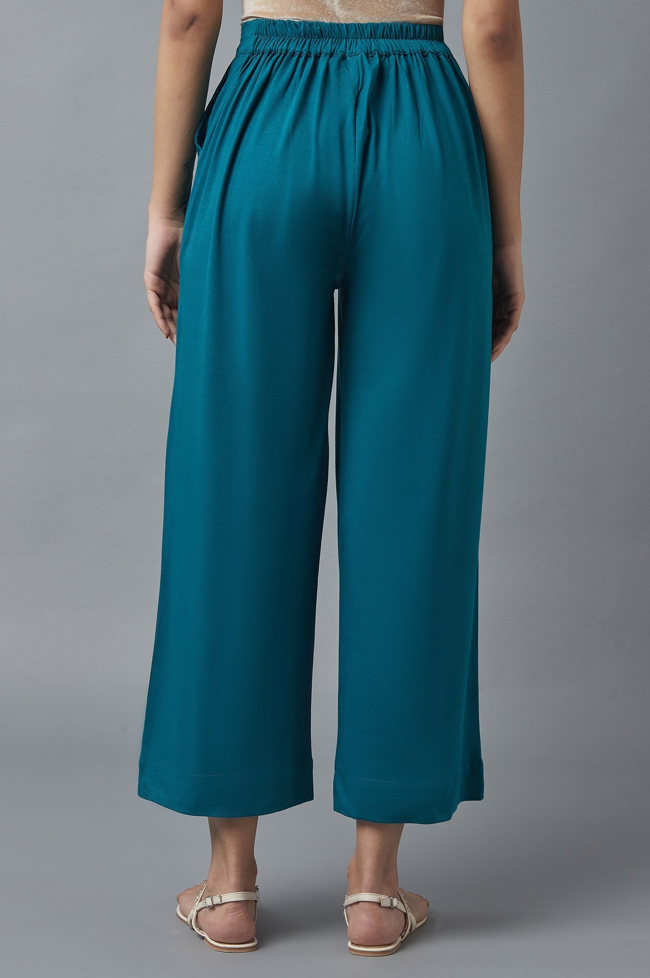 Teal Green Solid Straight-fit Cotton Palazzo with Side Pockets