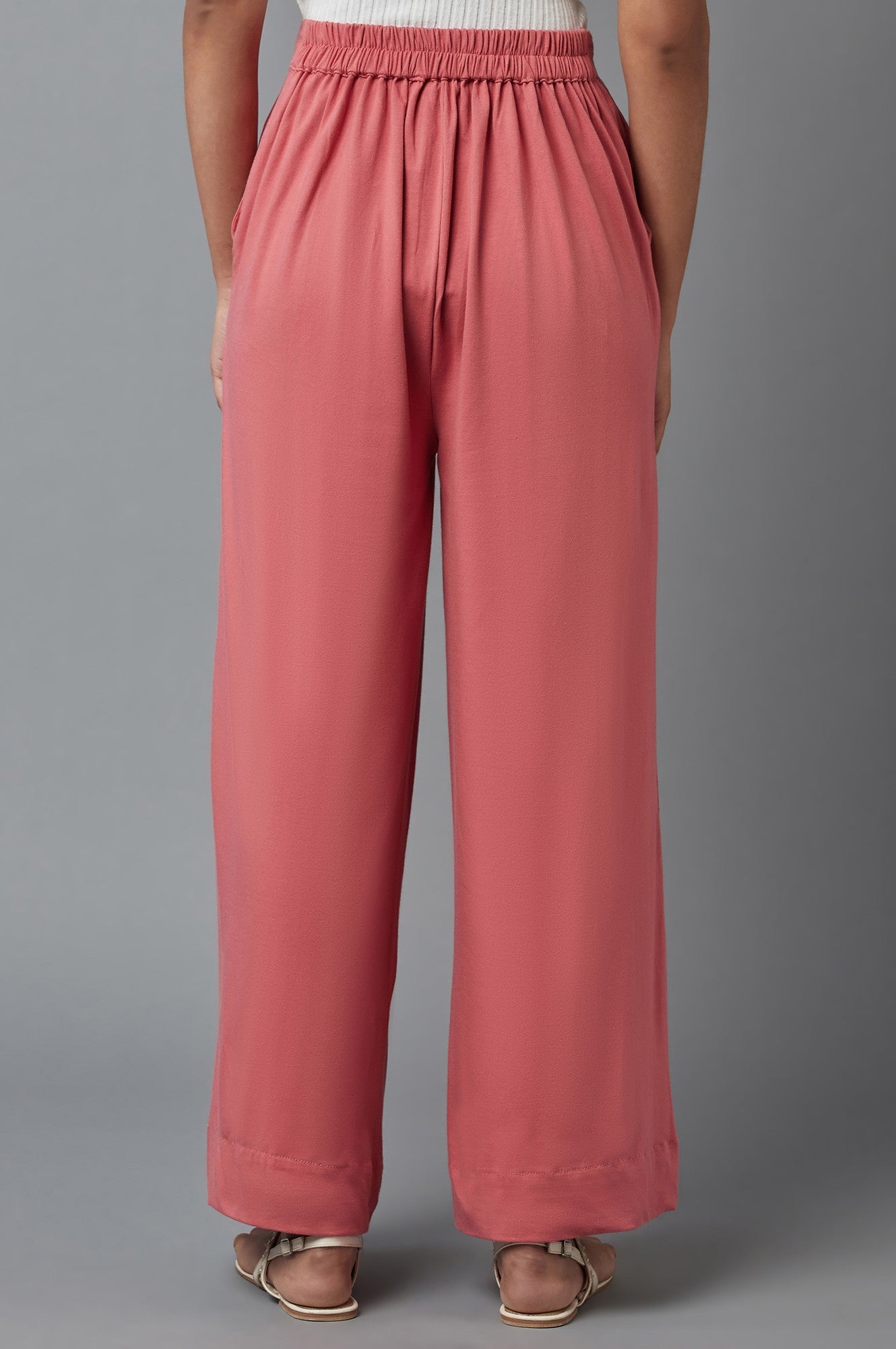Rose Pink Solid Wide-leg Cotton Palazzo with Elasticated Waist