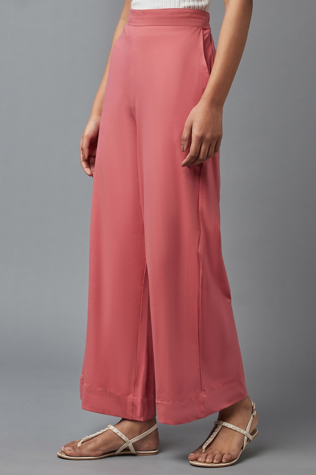Rose Pink Solid Wide-leg Cotton Palazzo with Elasticated Waist