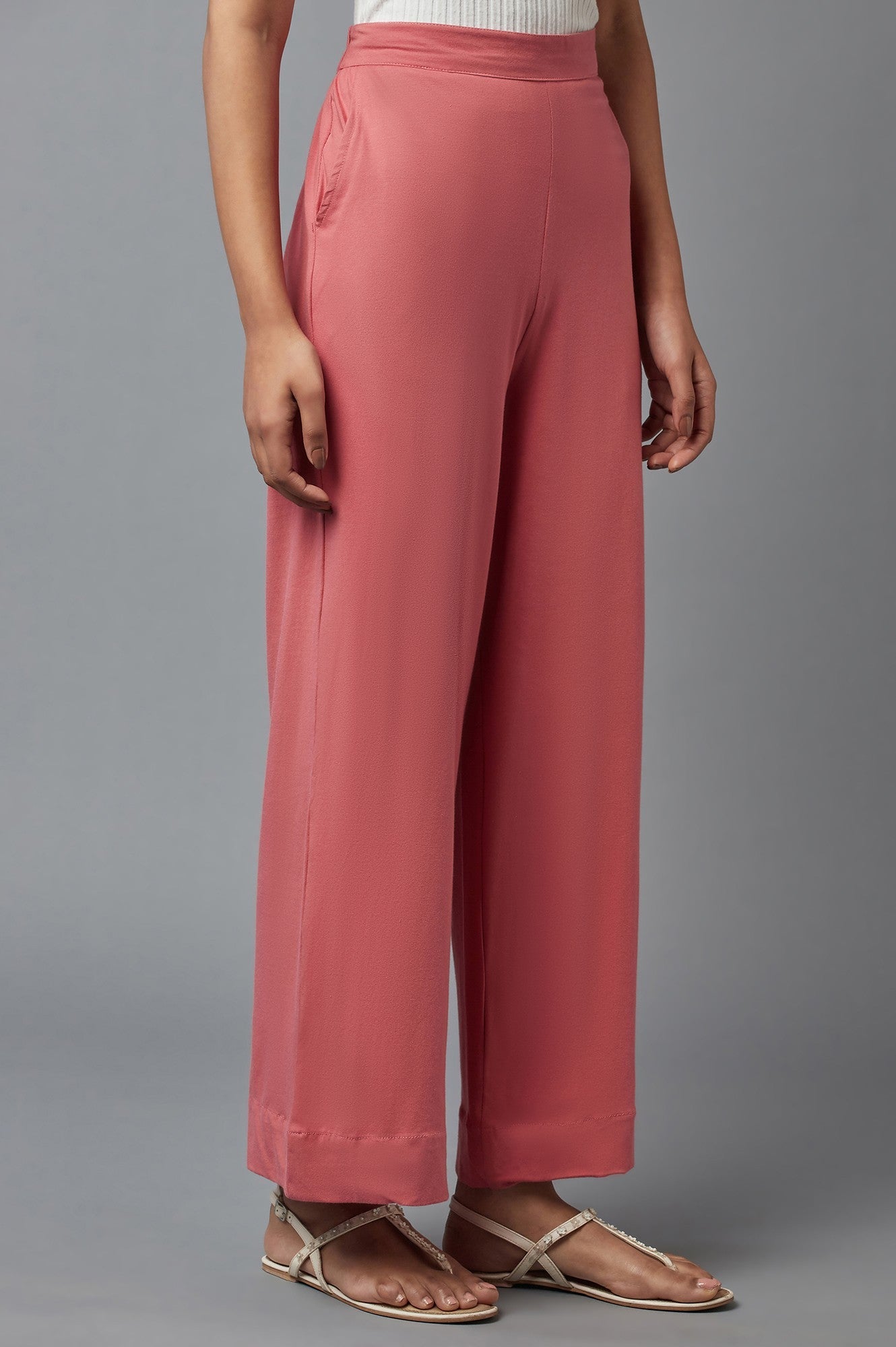 Rose Pink Solid Wide-leg Cotton Palazzo with Elasticated Waist