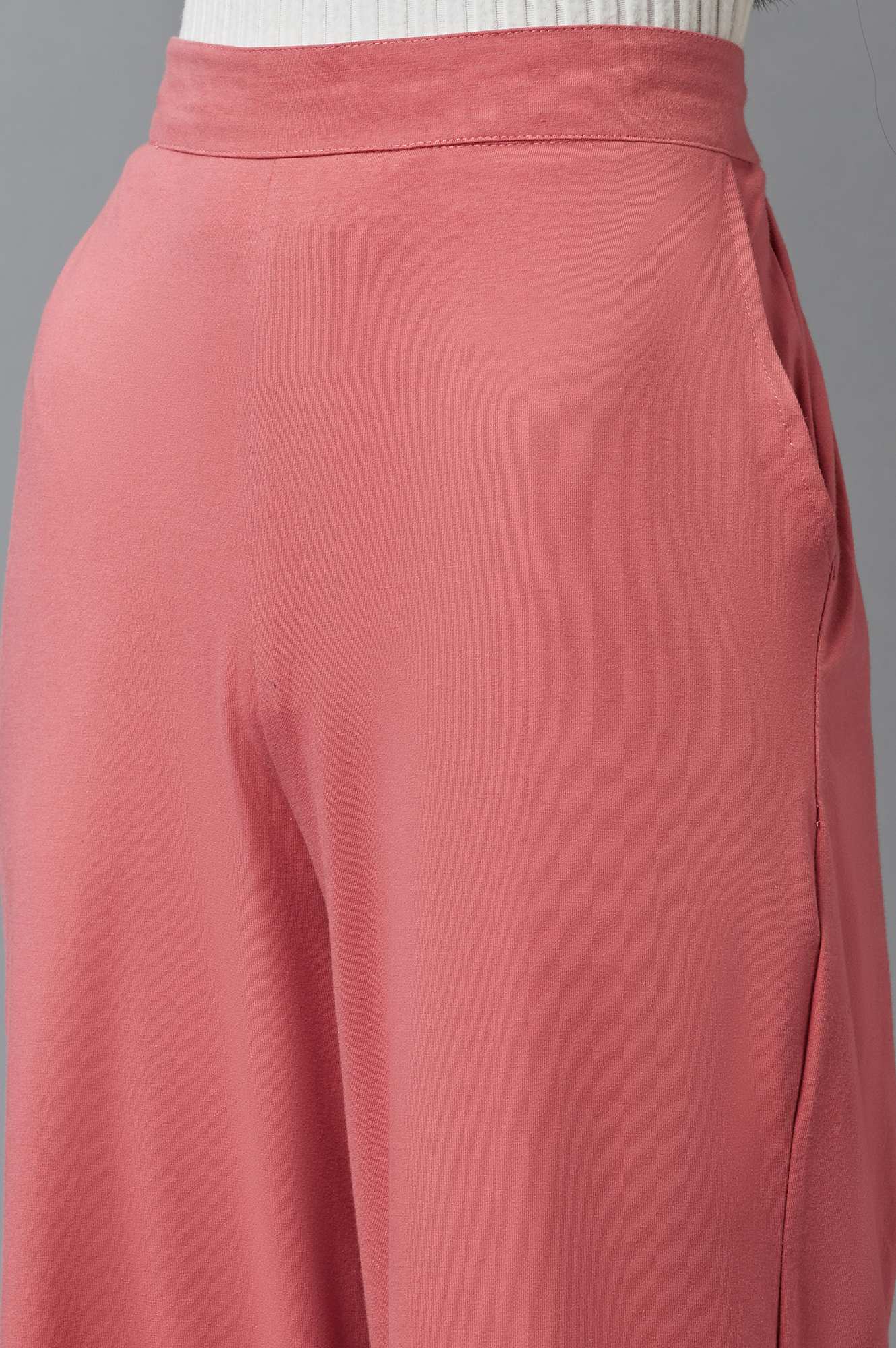 Rose Pink Solid Wide-leg Cotton Palazzo with Elasticated Waist