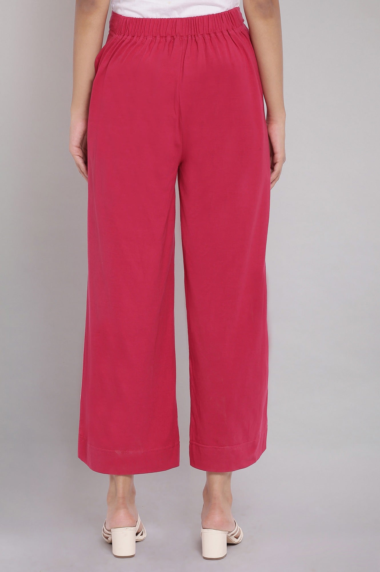 Red Solid Straight Fit Cotton Palazzo With Elasticated Waist