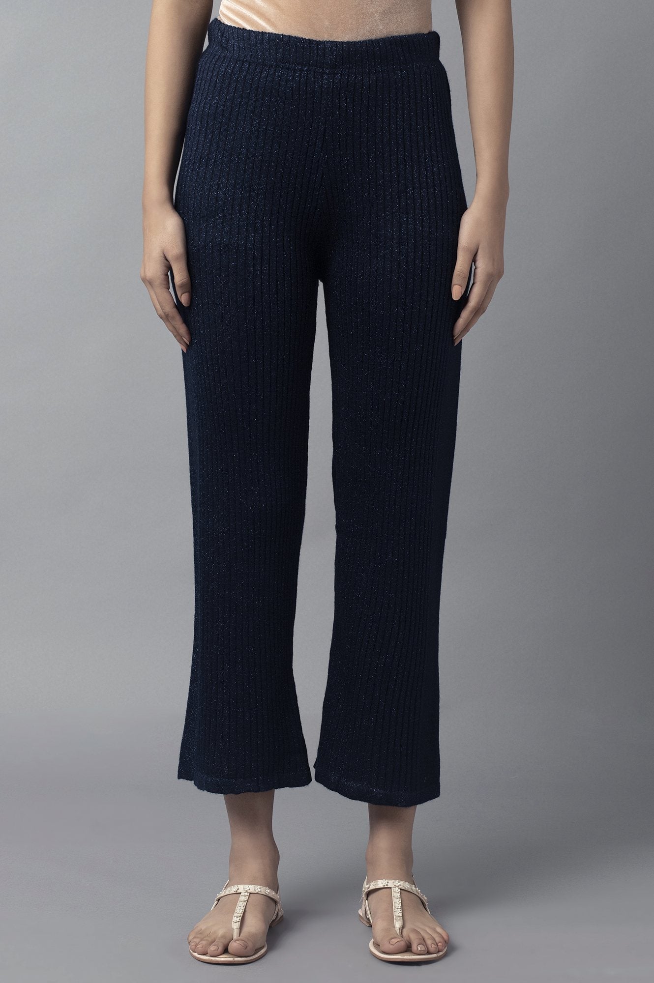 Navy Blue Solid Boot Cut Palazzo With Elasticated Waist