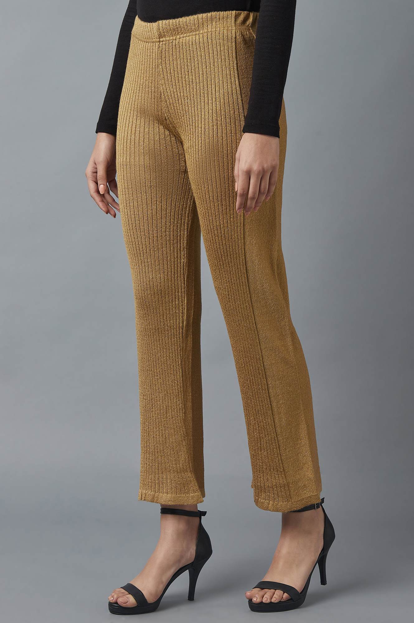 Gold Solid Boot Cut Acrylic Palazzo With Elasticated Waist