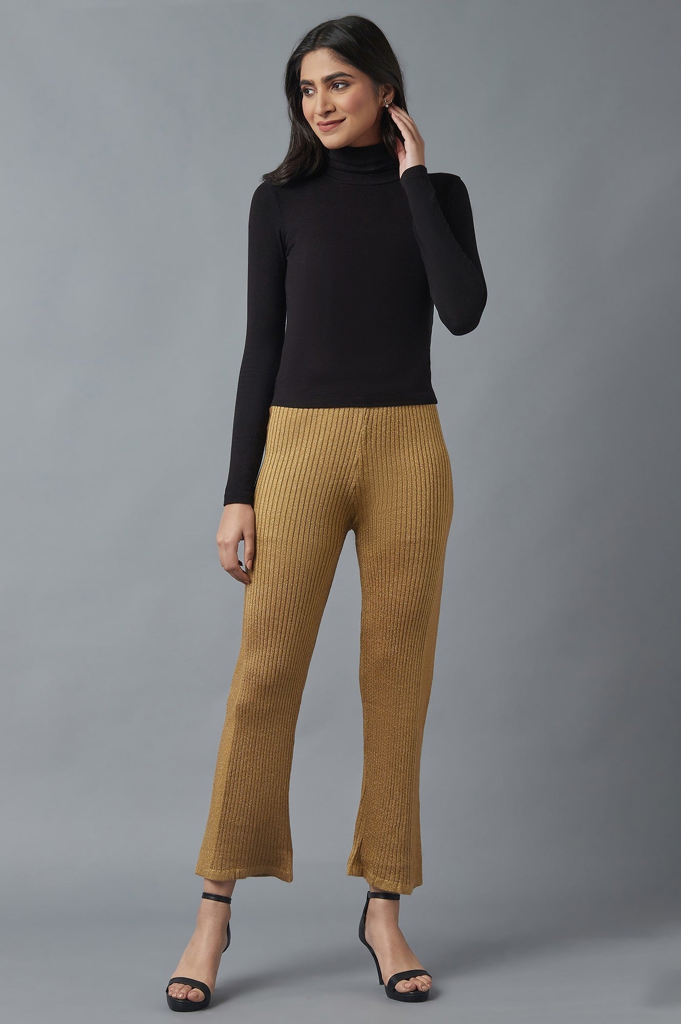 Beige Solid Boot-cut Knit Palazzo with Elasticated Waist