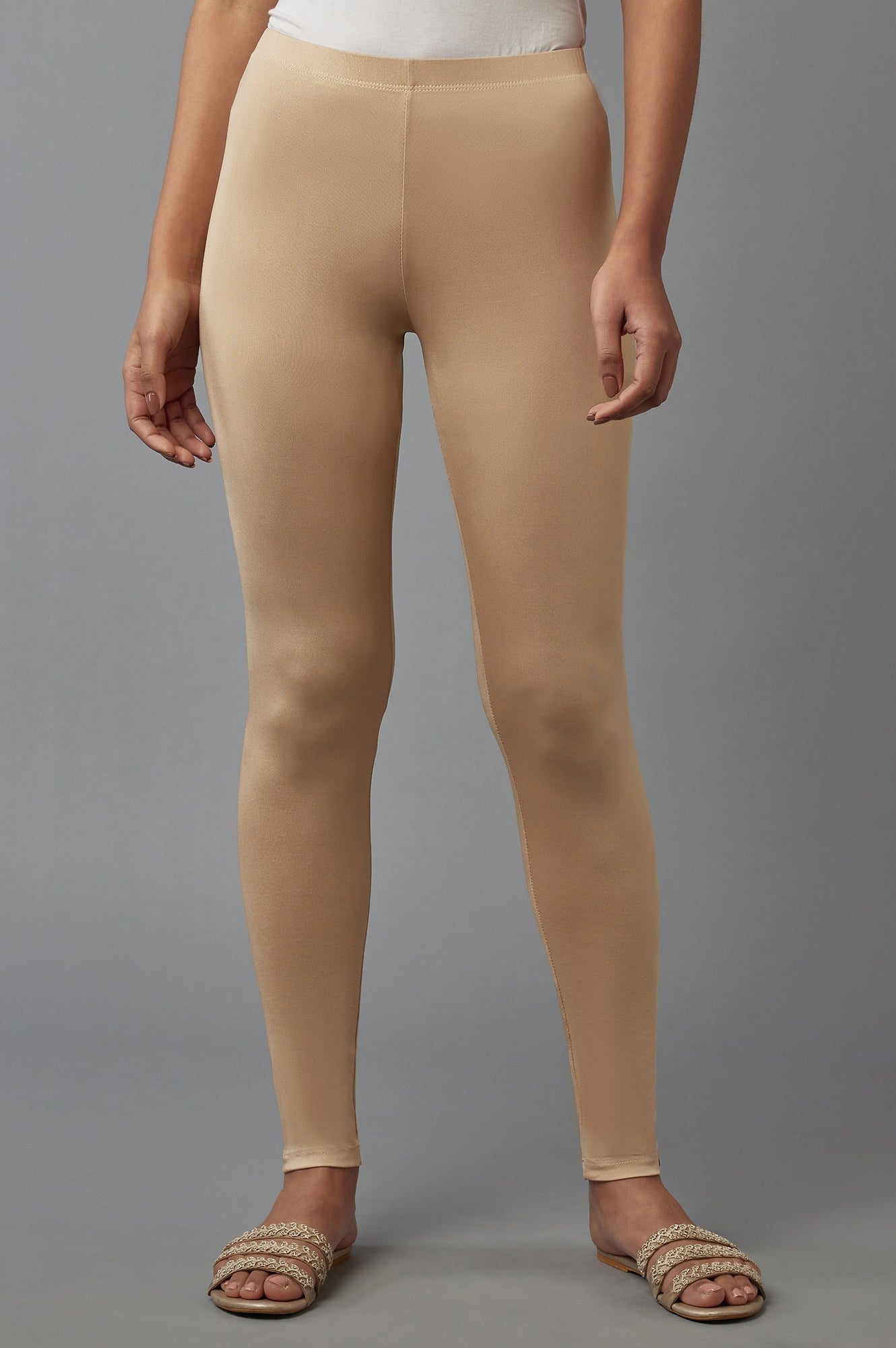 Gold Solid Skinny Fit Tights With Elasticated Waist