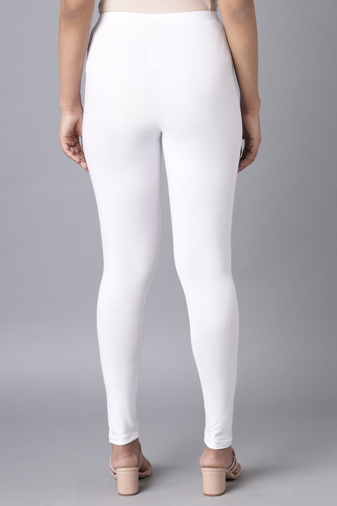 White Solid Skinny Fit Cotton Tights With Elasticated Waist