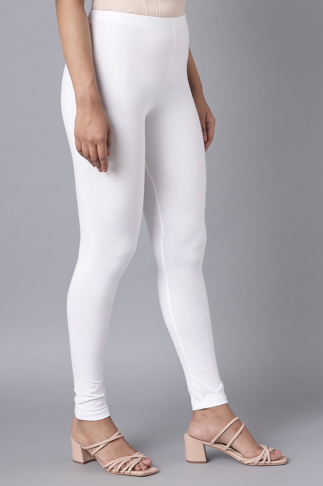 White Solid Skinny Fit Cotton Tights With Elasticated Waist