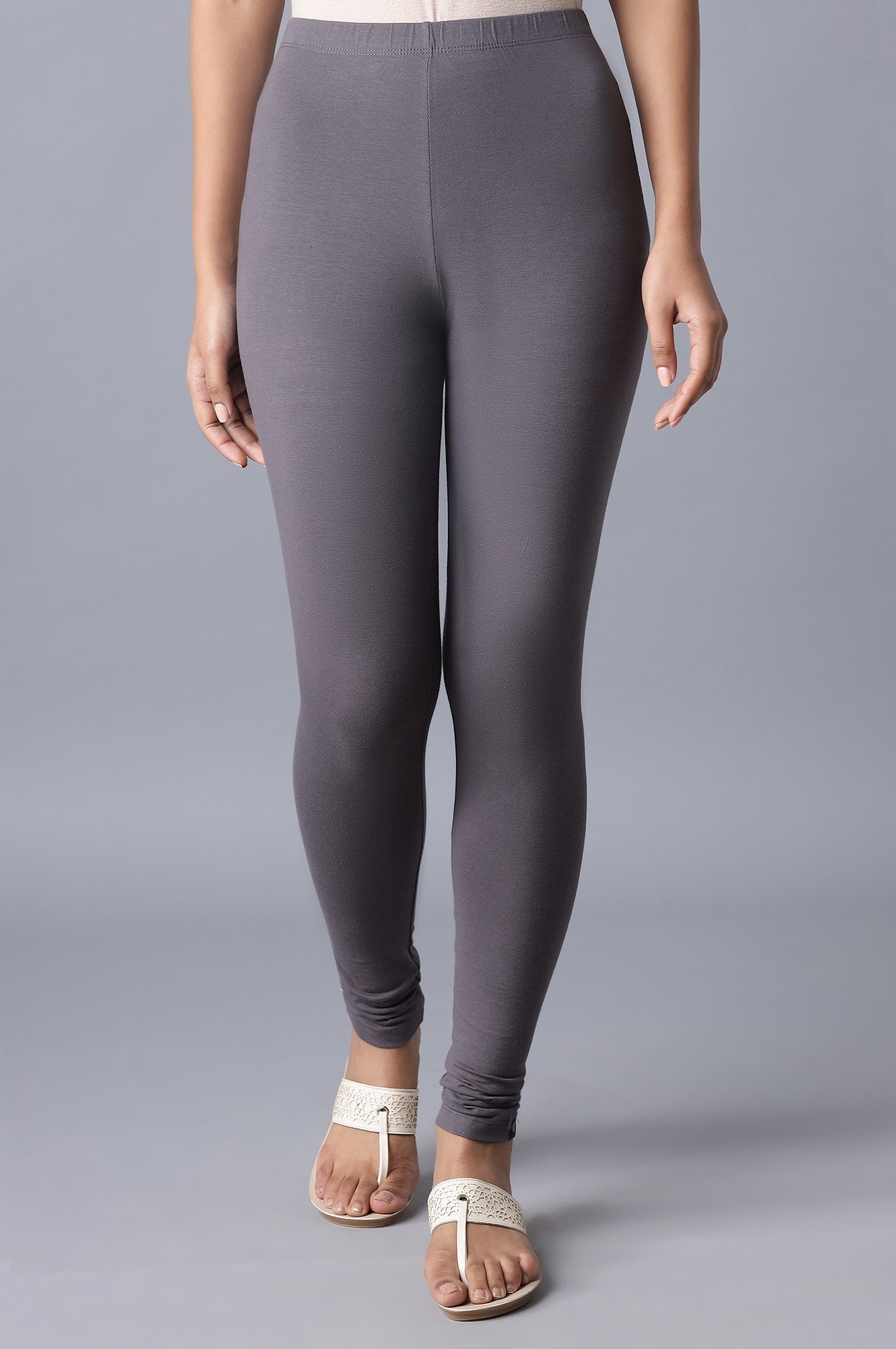 Grey Solid Skinny Fit Cotton Tights With Elasticated Waistband