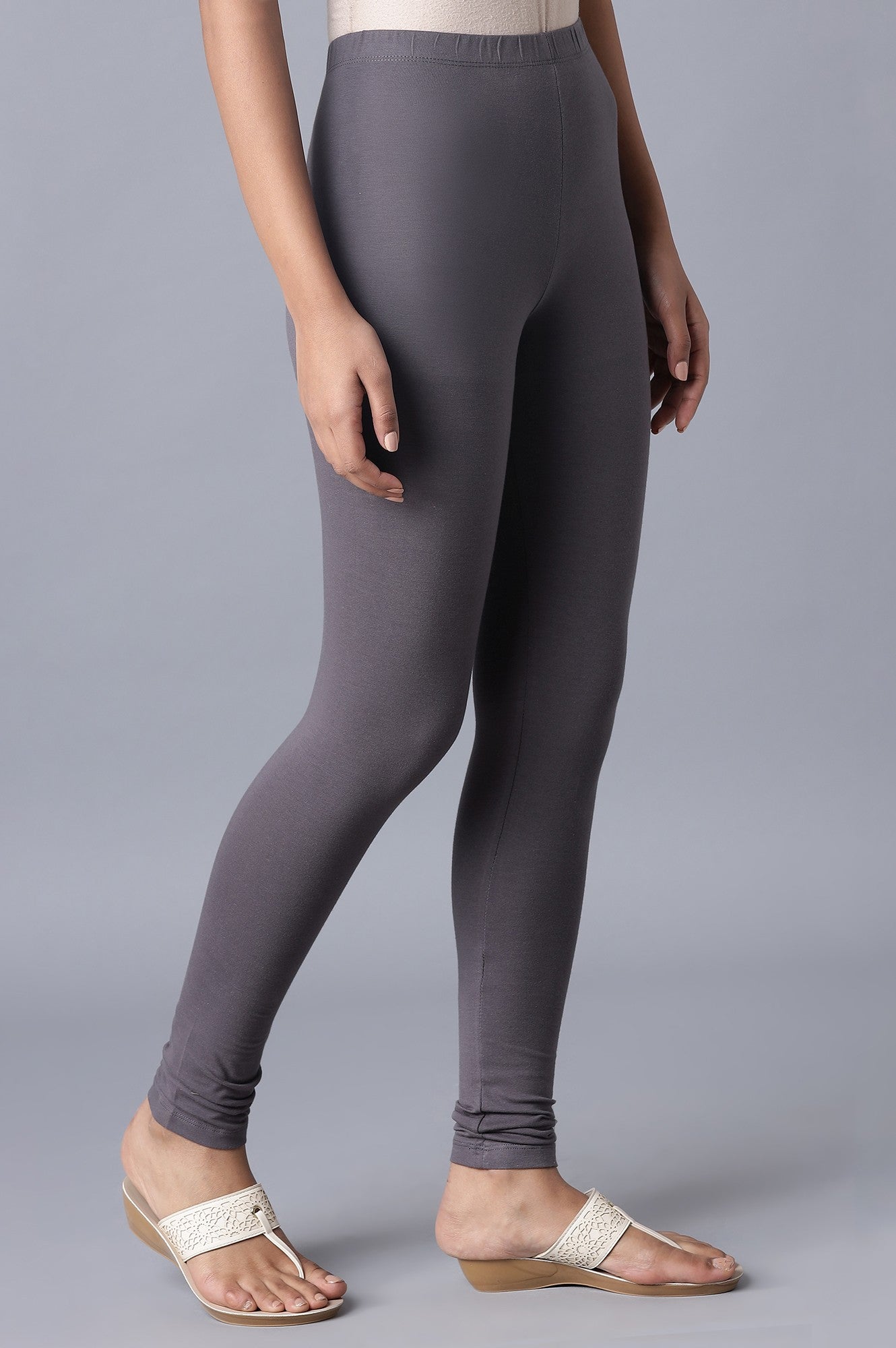 Grey Solid Skinny Fit Cotton Tights With Elasticated Waistband